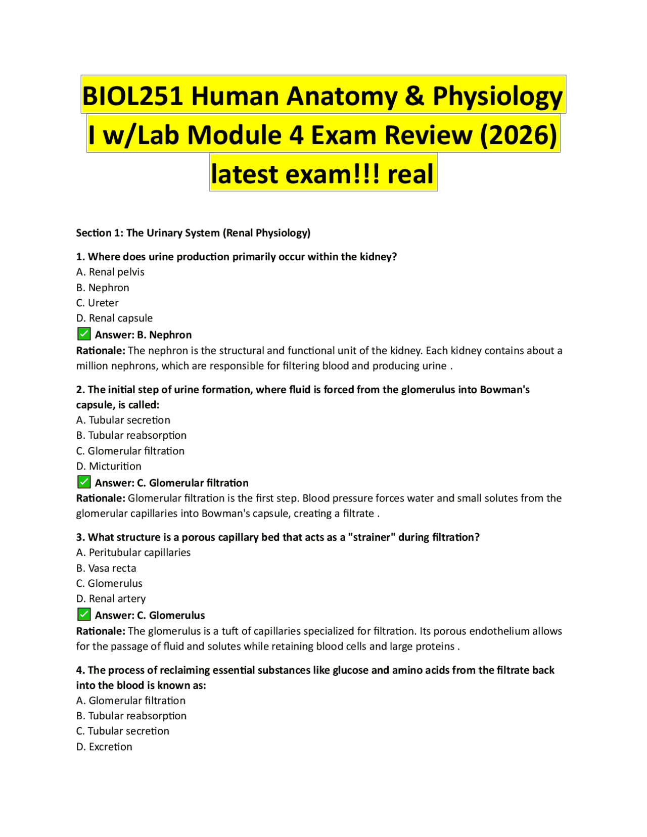BIOL251 Human Anatomy & Physiology I w/Lab Module 4 Exam Review (2026 ...