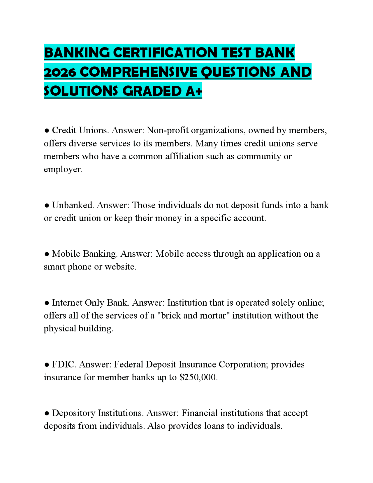 BANKING CERTIFICATION TEST BANK 2026 COMPREHENSIVE QUESTIONS AND ...