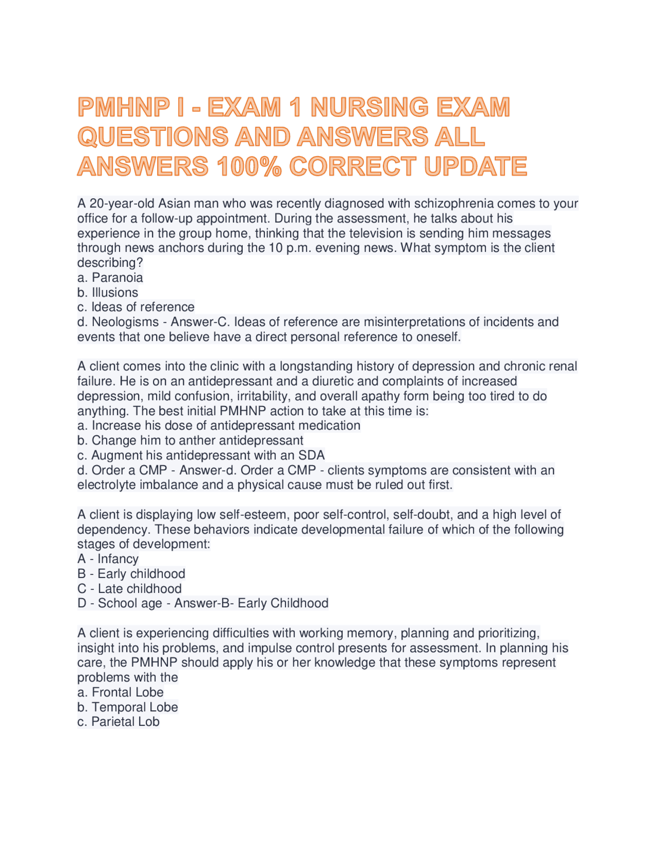 PMHNP I - EXAM 1 NURSING EXAM QUESTIONS AND ANSWERS ALL ANSWERS 100% ...