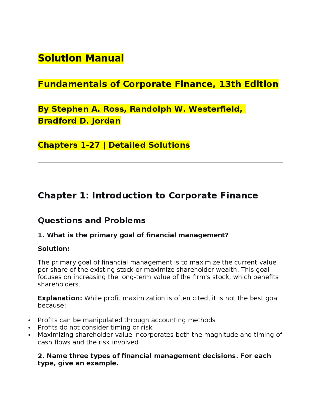 Solution Manual Fundamentals of Corporate Finance, 13th Edition By