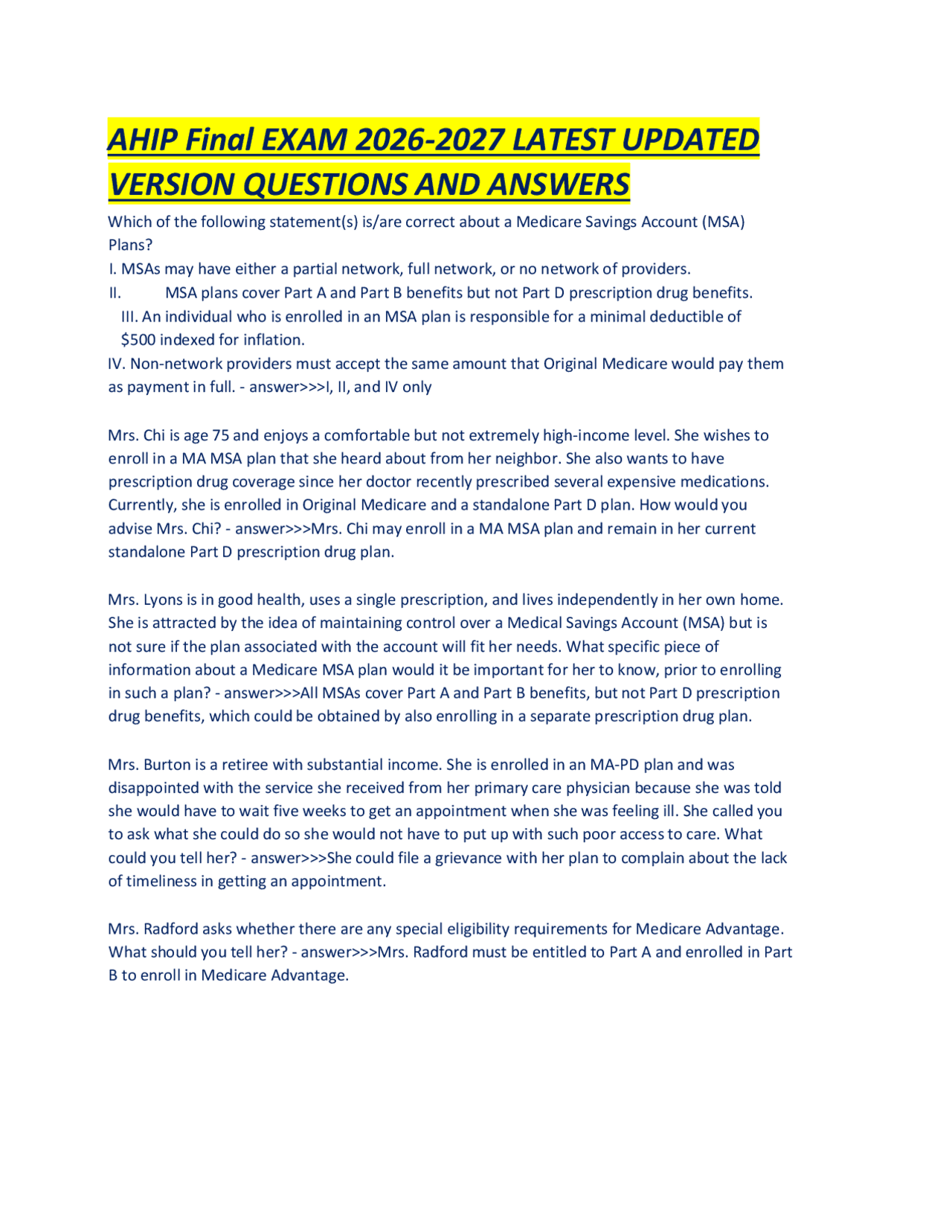AHIP Final EXAM 2026-2027 LATEST UPDATED VERSION QUESTIONS AND ANSWERS ...