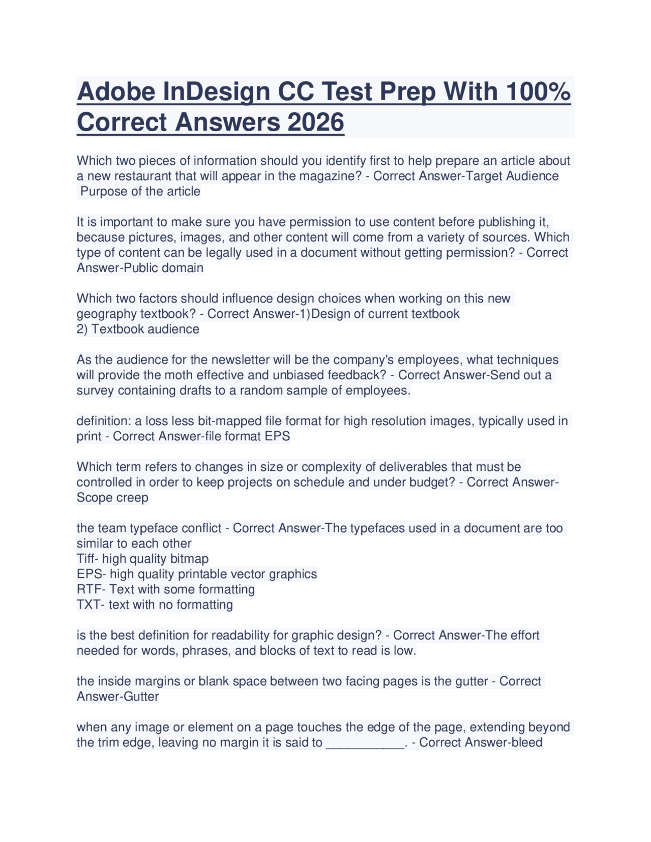Pilot Testing Indesign Adobe InDesign CC Test Prep With 100% Correct Answers 2026 | Exams ...