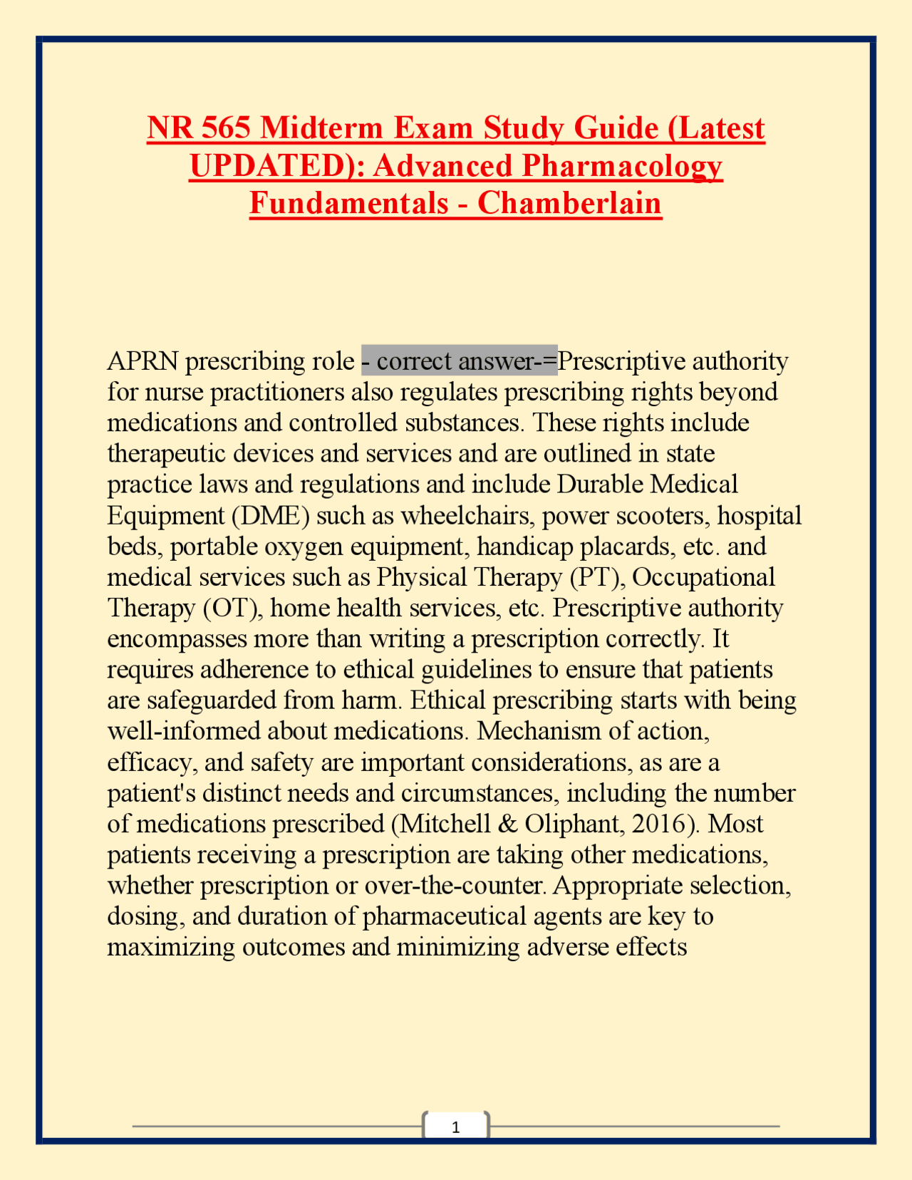 NR 565 Midterm Exam Study Guide (Latest UPDATED): Advanced Pharmacology ...