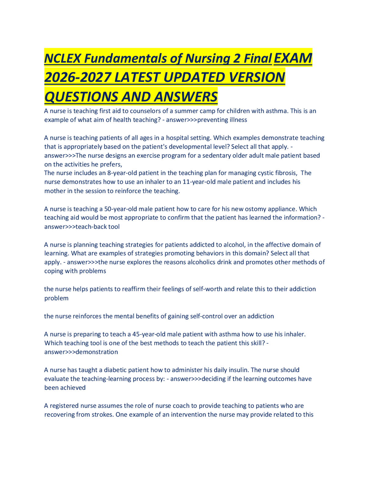 NCLEX Fundamentals of Nursing 2 Final EXAM 2026-2027 LATEST UPDATED ...