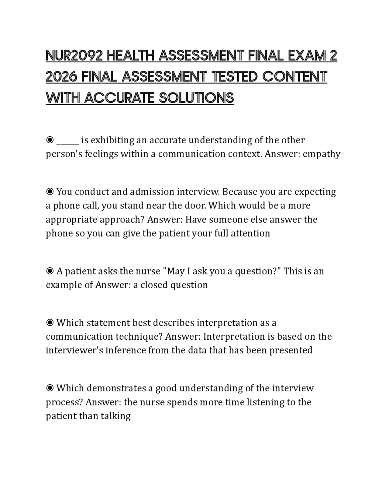 NUR2092 HEALTH ASSESSMENT FINAL EXAM 2 2026 FINAL ASSESSMENT TESTED ...