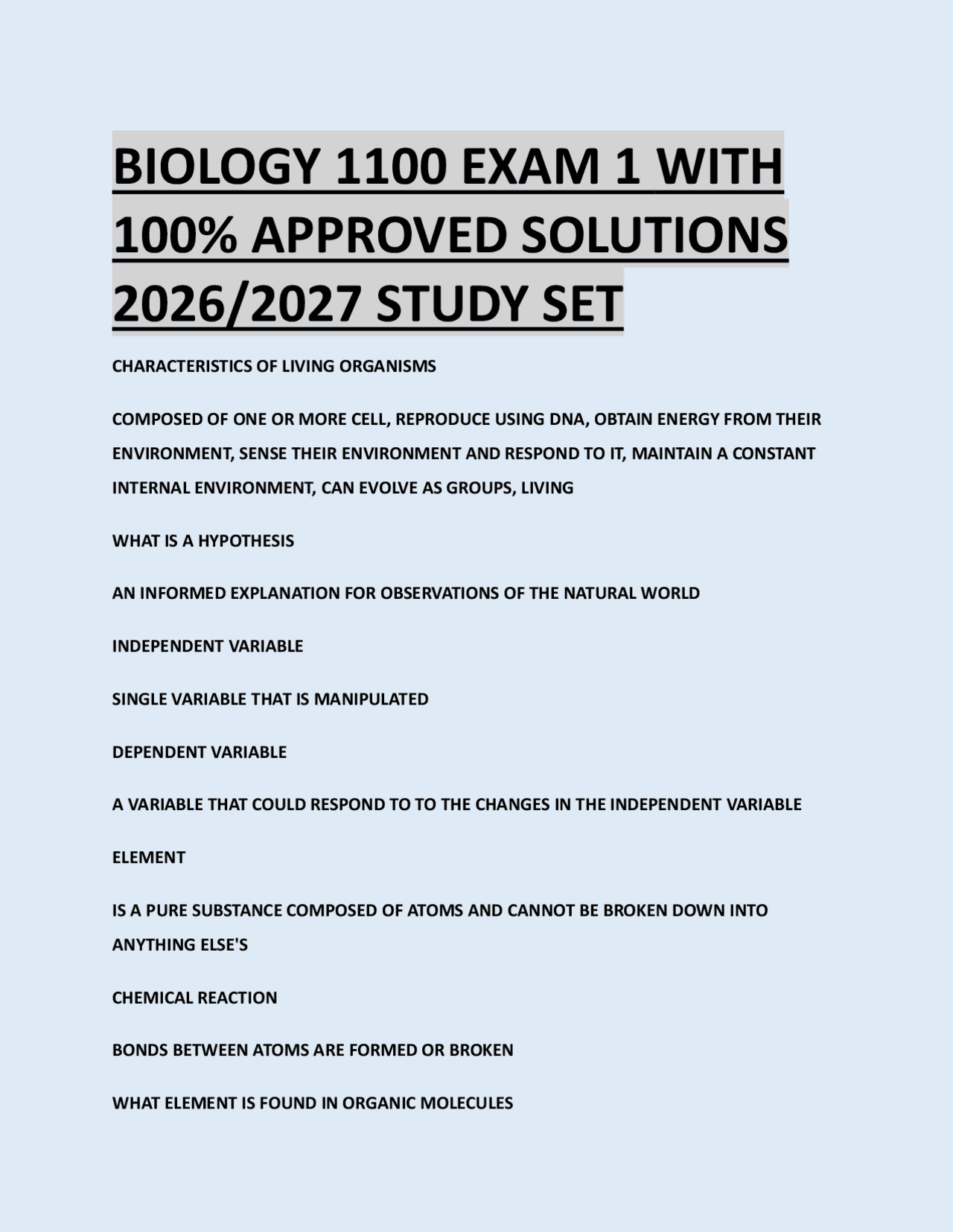 BIOLOGY 1100 EXAM 1 WITH 100% APPROVED SOLUTIONS 2026/2027 STUDY SET ...