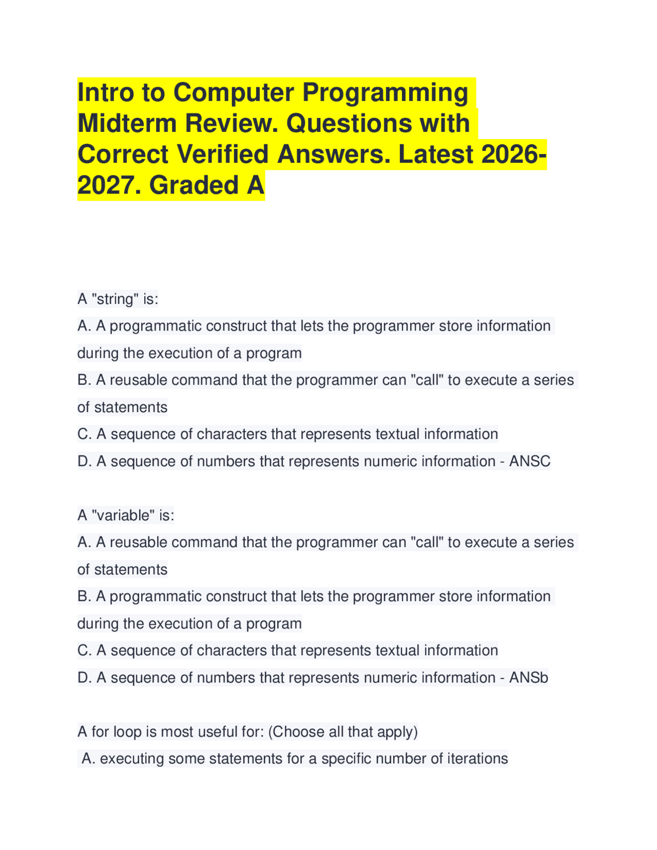 Intro to Computer Programming Midterm Review.Questions & Correct ...