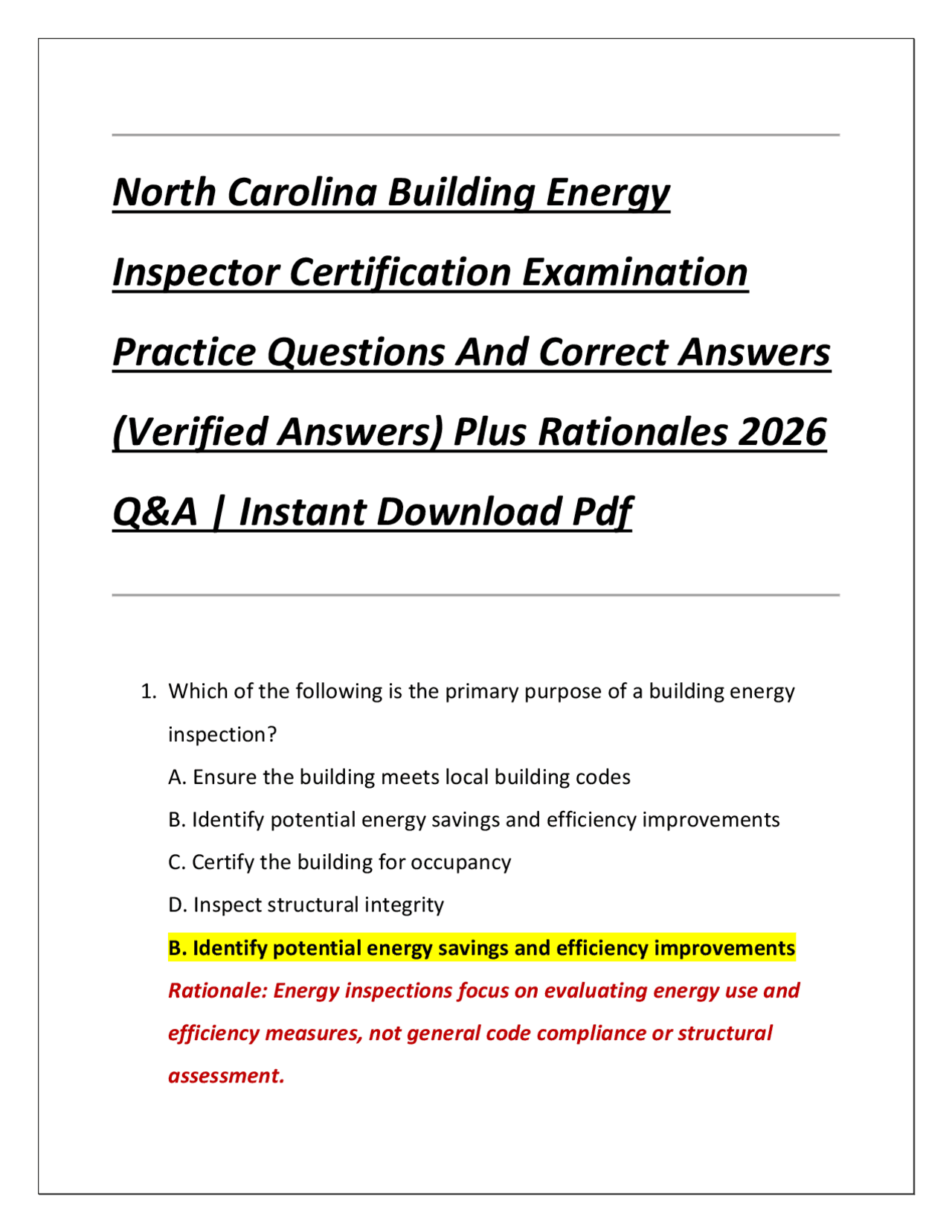 North Carolina Building Energy Inspector Certification Examination ...