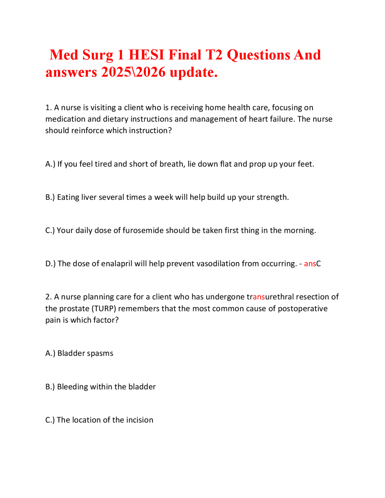 MED SURG 1 HESI FINAL T2 QUESTIONS AND ANSWERS 2025. Complete HESI Med ...