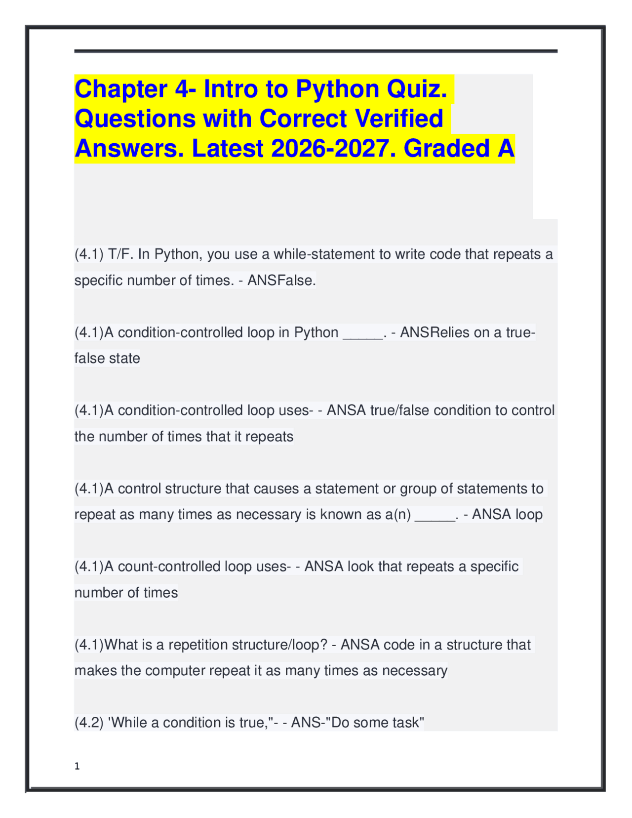 Chapter 4- Intro to Python Quiz. Questions with Correct Answers. Latest ...