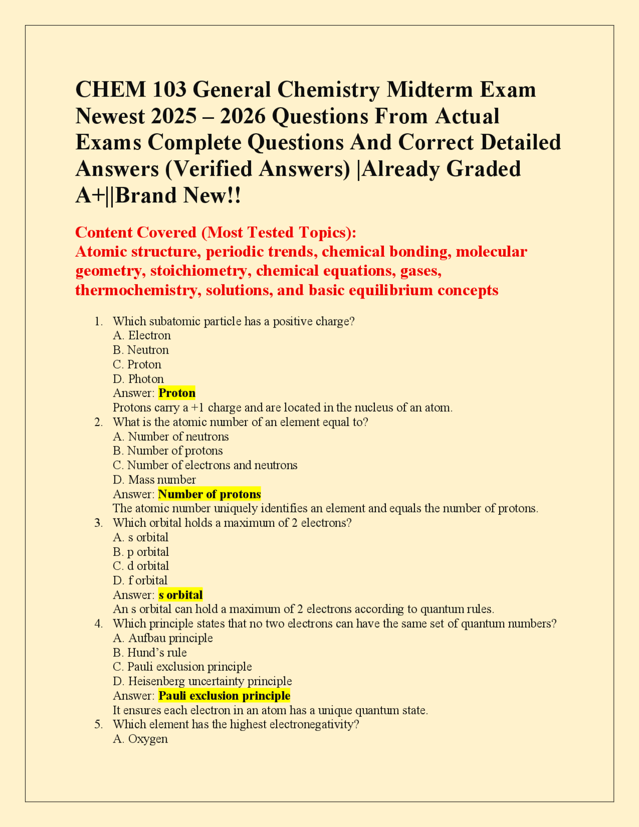 CHEM 103 General Chemistry Midterm Exam Newest 2025 – 2026 Questions ...