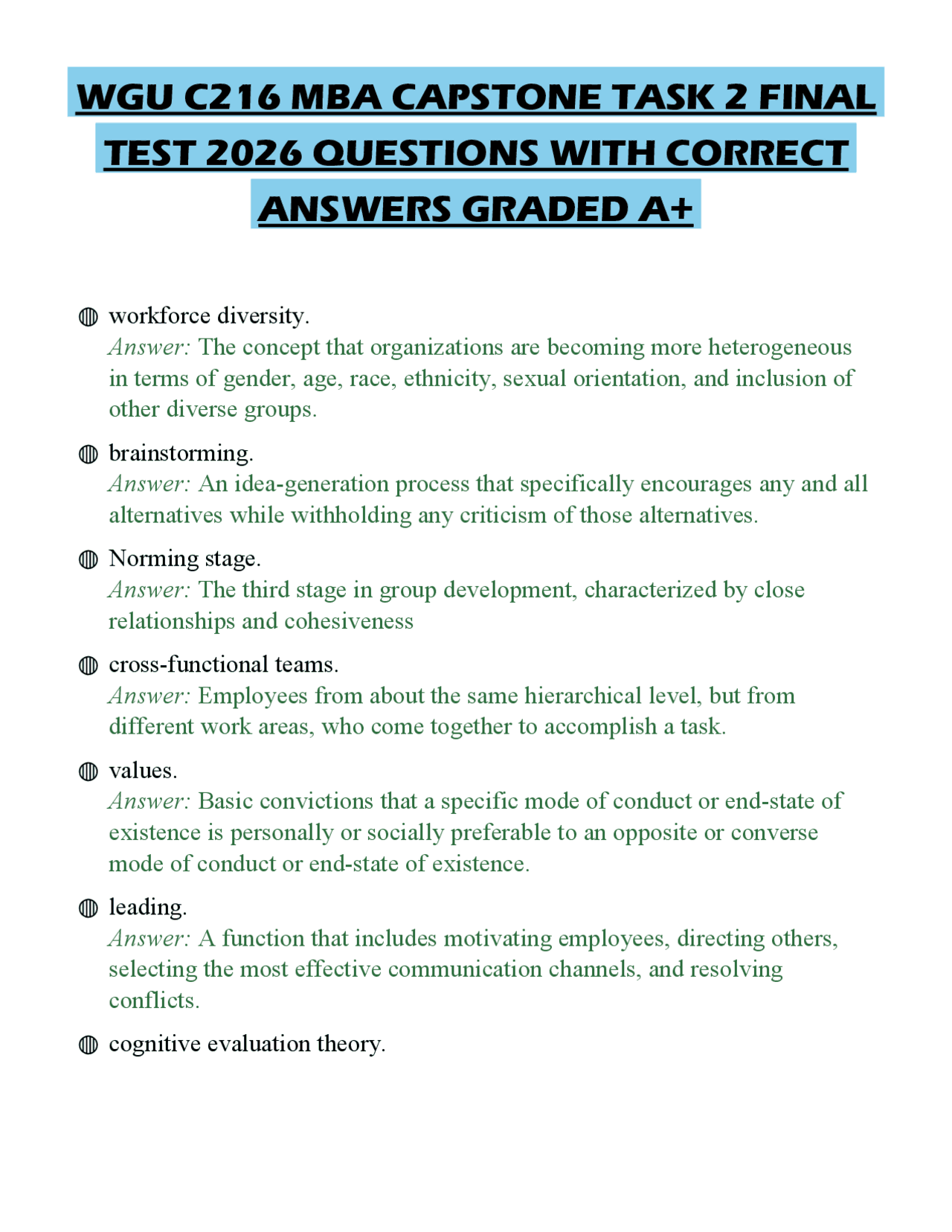 Wgu Mba Task 2 Example WGU C216 MBA CAPSTONE TASK 2 FINAL TEST 2026 QUESTIONS WITH CORRECT ...
