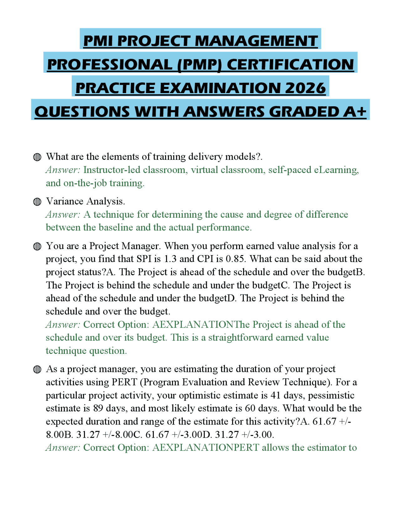 PMI PROJECT MANAGEMENT PROFESSIONAL (PMP) CERTIFICATION PRACTICE ...