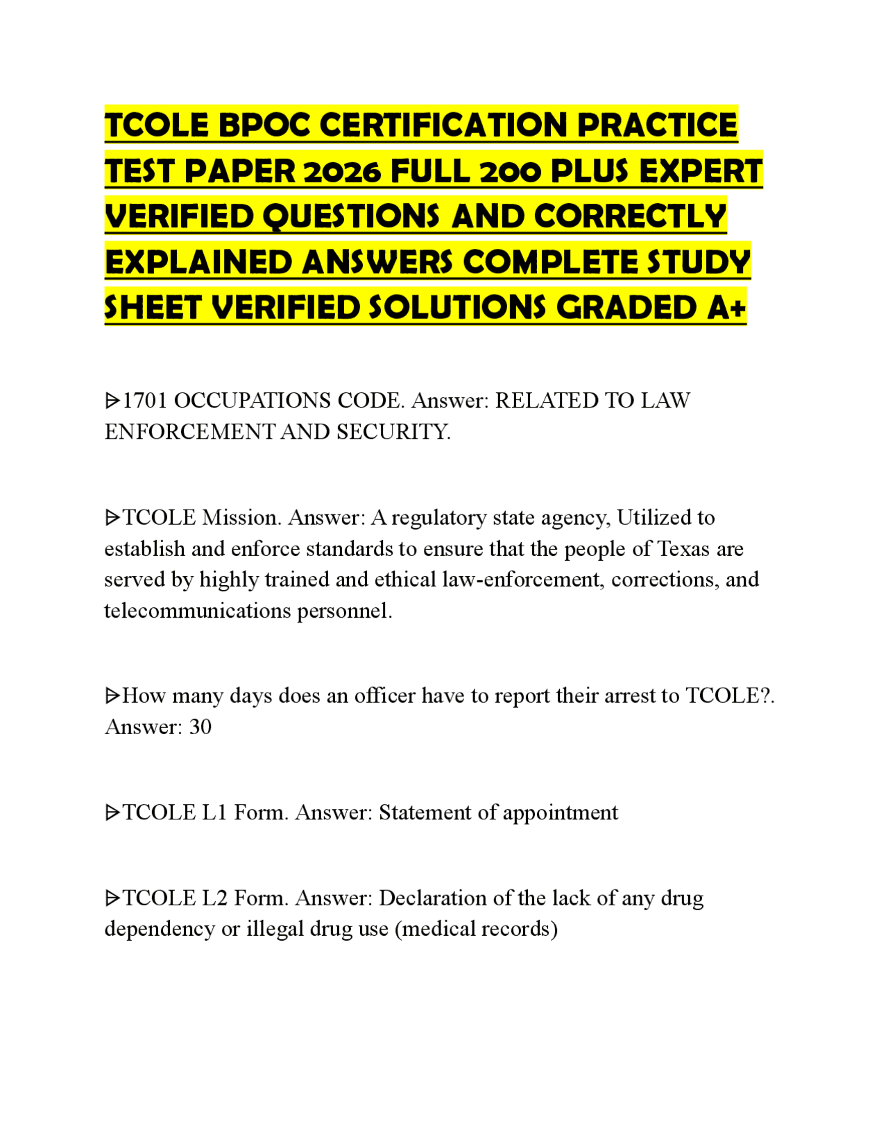 TCOLE BPOC CERTIFICATION PRACTICE TEST PAPER 2026 FULL 200 PLUS EXPERT ...