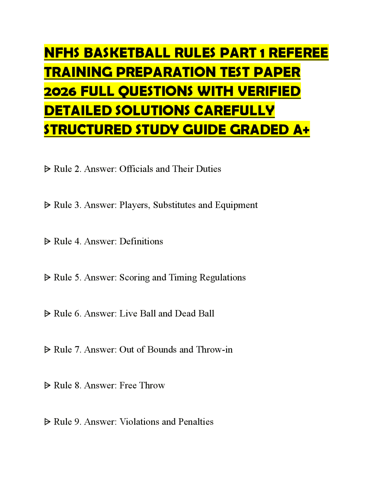 NFHS BASKETBALL RULES PART 1 REFEREE TRAINING PREPARATION TEST PAPER ...
