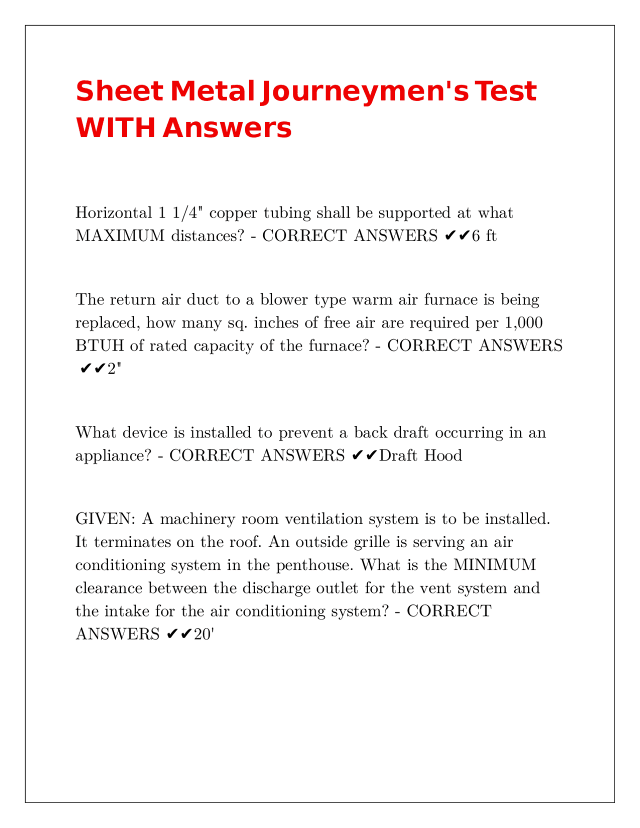 Sheet Metal Math Test Sheet Metal Journeymen's Test WITH Answers | Exams Construction | Docsity