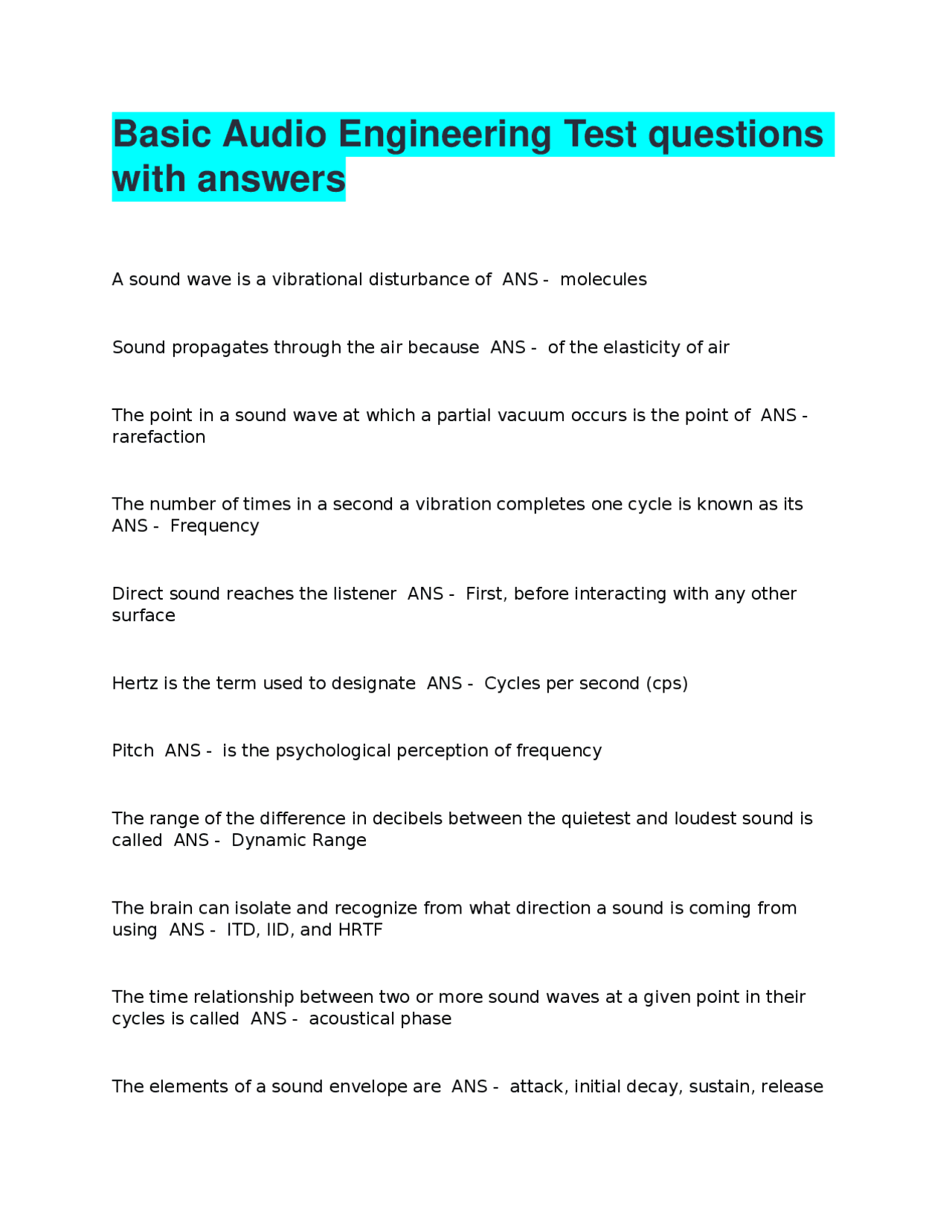 Basic Audio Engineering Test questions with answers | Exams ...