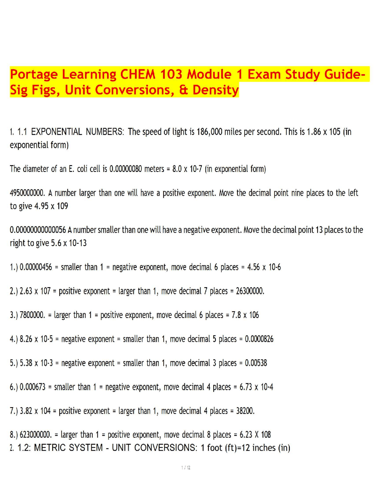 Portage Learning CHEM 103 Module 1 Exam Study Guide- Sig Figs, Unit ...