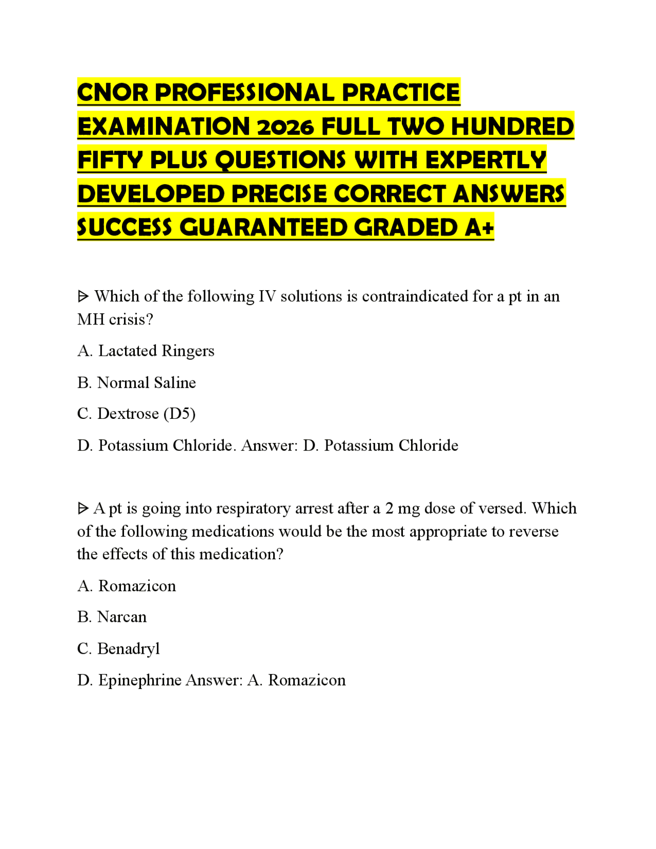 CNOR PROFESSIONAL PRACTICE EXAMINATION 2026 FULL TWO HUNDRED FIFTY PLUS ...
