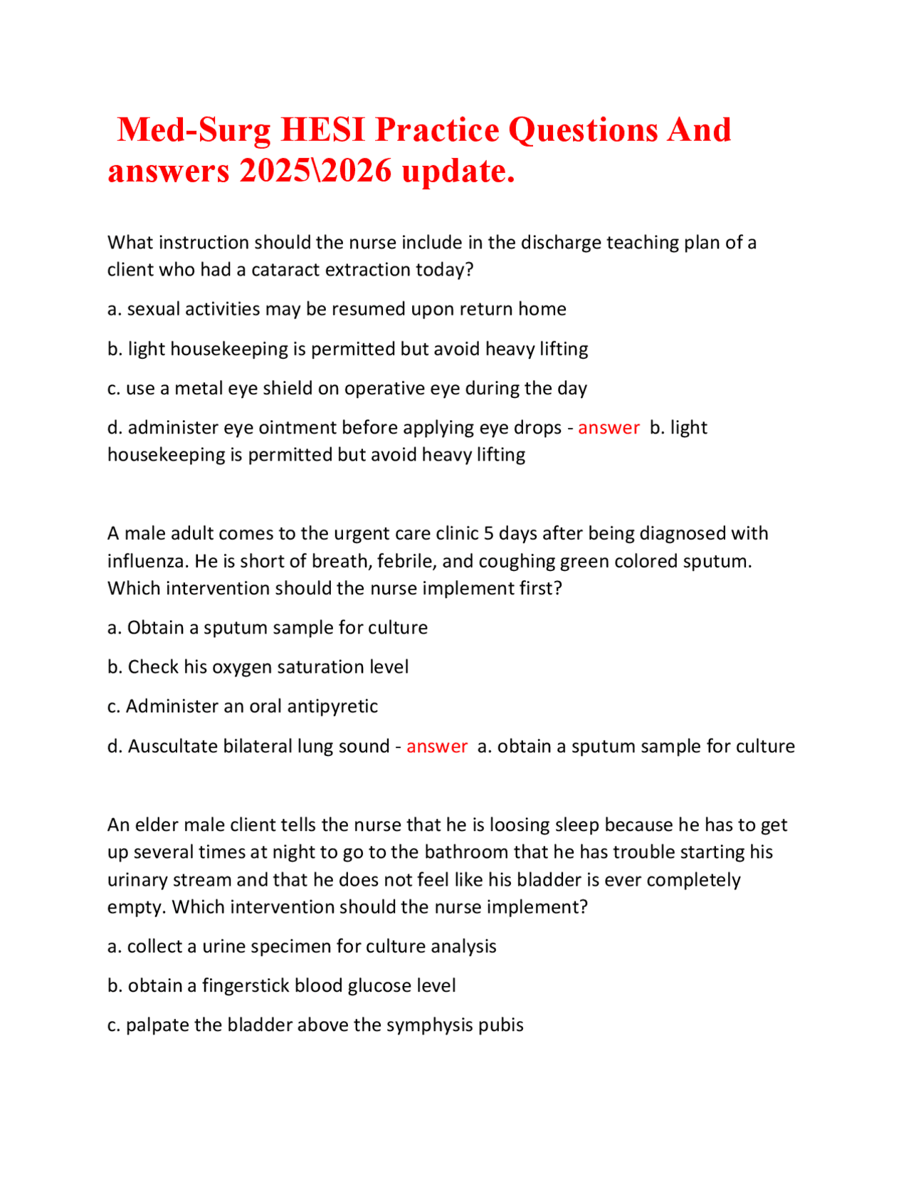 MED SURG HESI PRACTICE QUESTIONS AND ANSWERS 2025/2026. Complete HESI ...