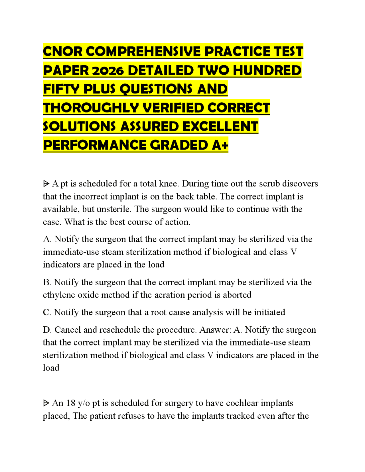 CNOR COMPREHENSIVE PRACTICE TEST PAPER 2026 DETAILED TWO HUNDRED FIFTY ...
