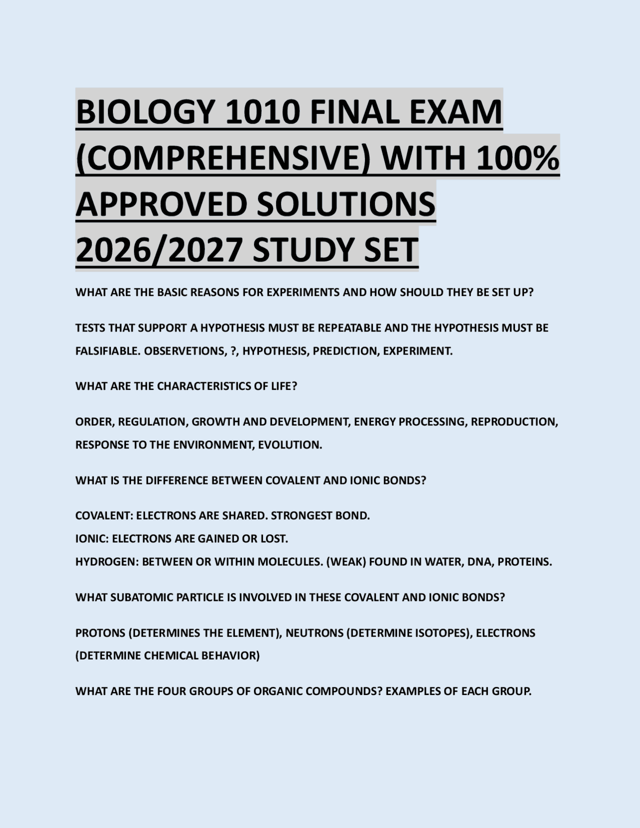 BIOLOGY 1010 FINAL EXAM (COMPREHENSIVE) WITH 100% APPROVED SOLUTIONS ...