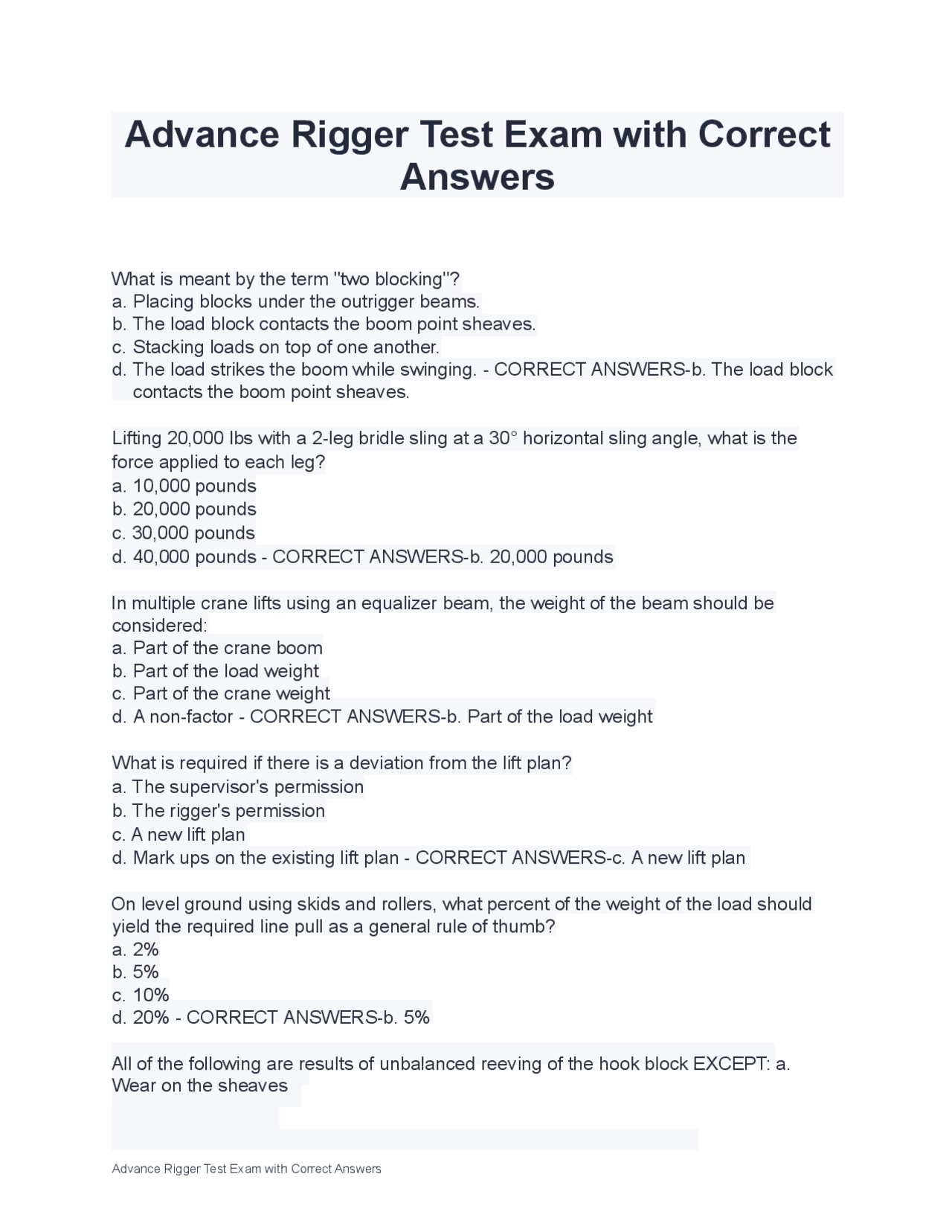 Advance Rigger Test Exam with Correct Answers | Exams Nursing | Docsity
