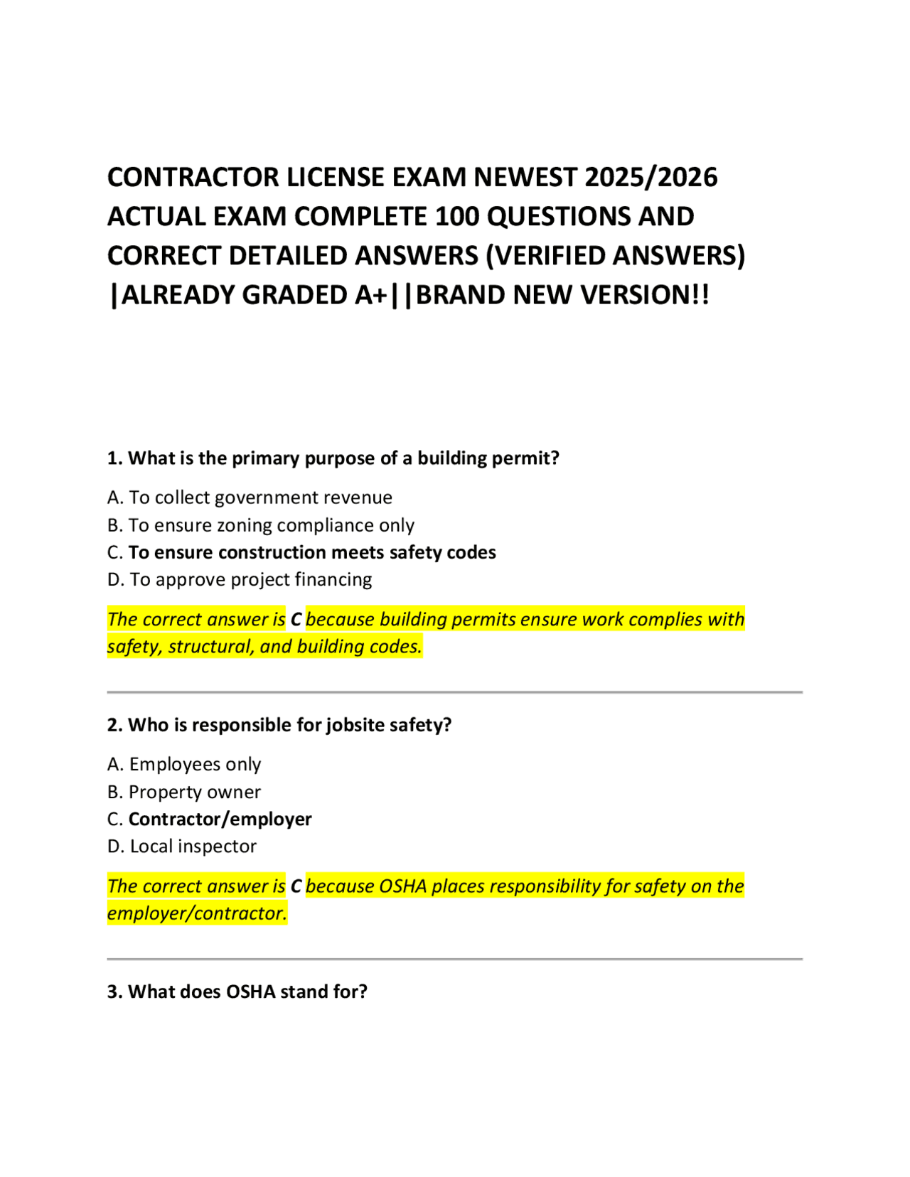 CONTRACTOR LICENSE EXAM NEWEST 2025/2026 ACTUAL EXAM COMPLETE 100 QUESTIONS AND CORRECT | Exams ...