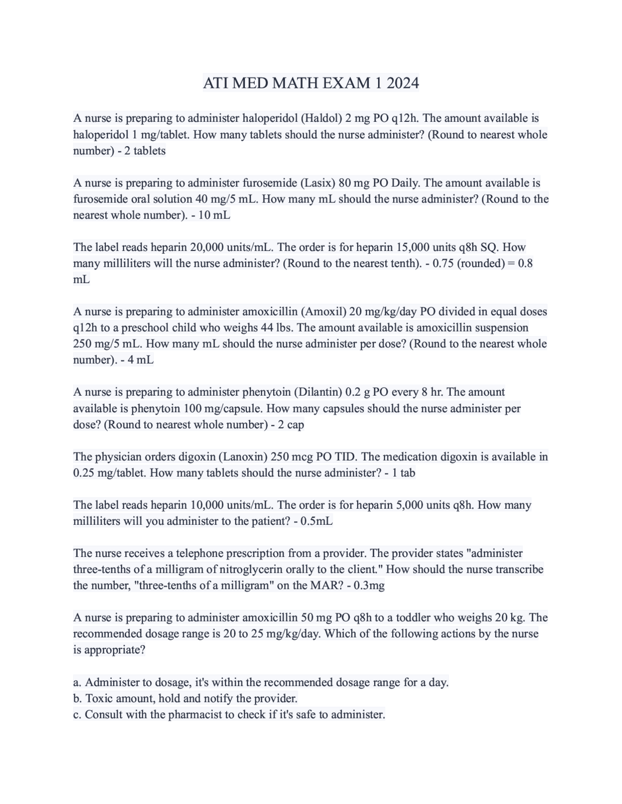 ATI MED MATH EXAM 1 2024 | Study notes Chemistry | Docsity