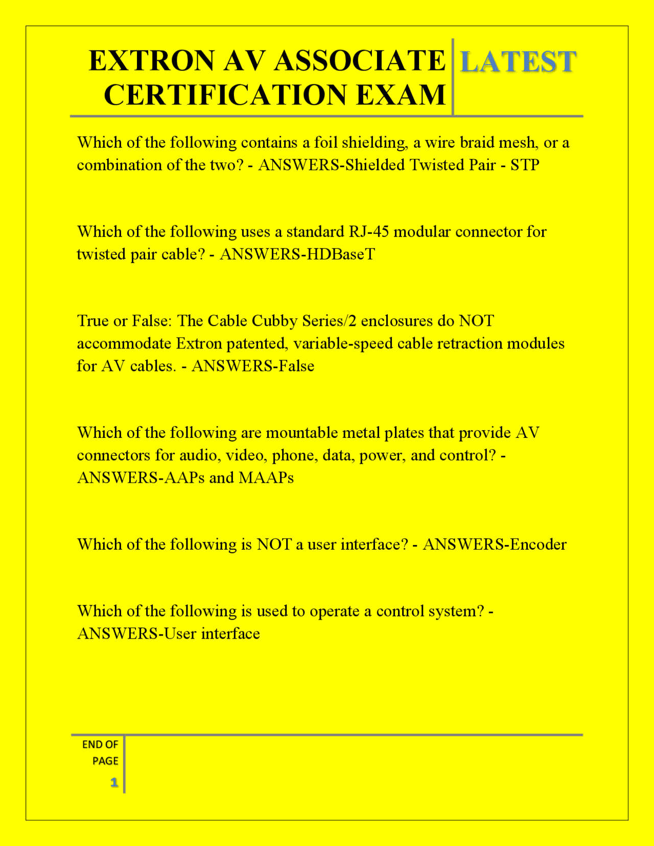 EXTRON AV ASSOCIATE CERTIFICATION EXAM QUESTIONS AND ANSWERS 2026 ...