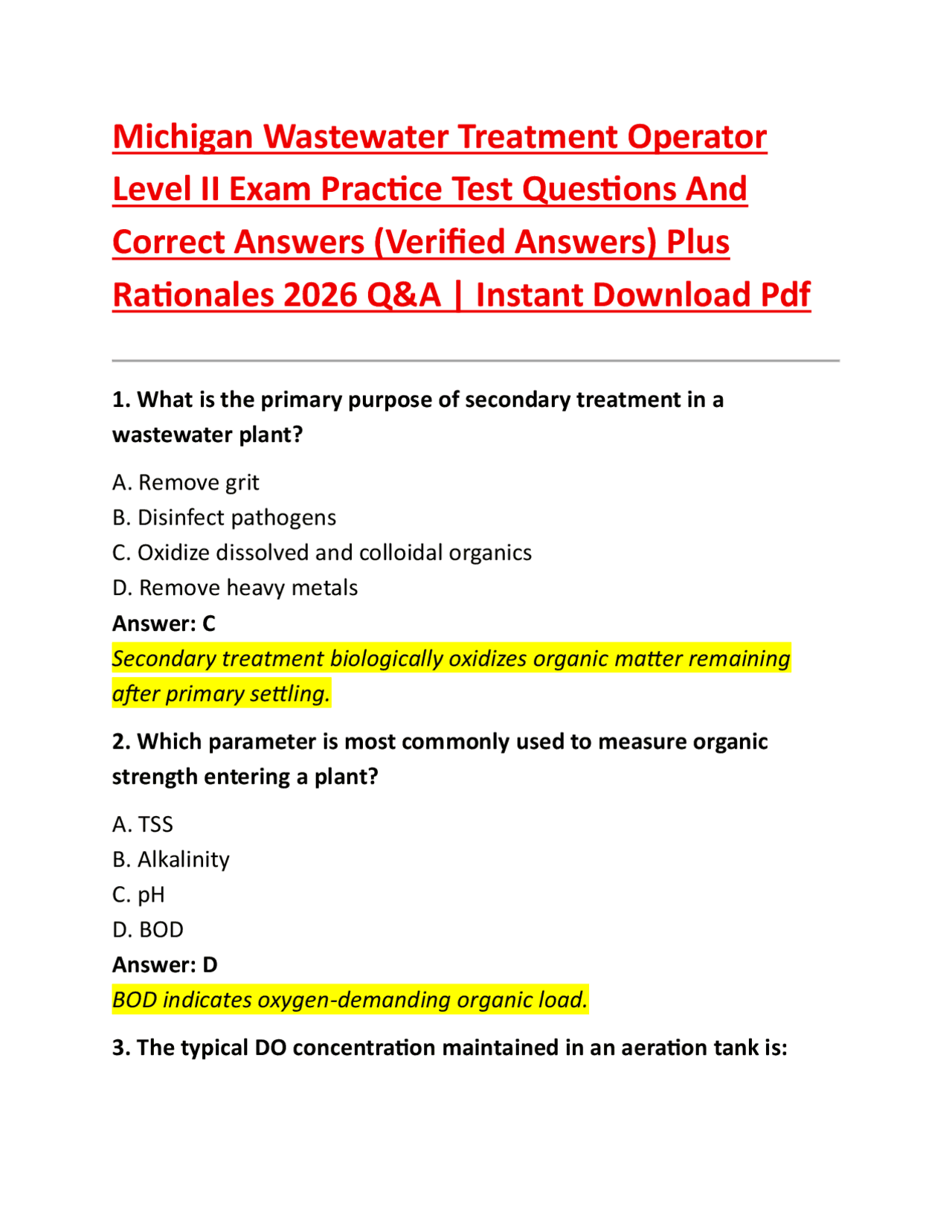 Michigan Wastewater Practice Test Questions and Answers PDF | Wastewater Treatment Exam Pr ...