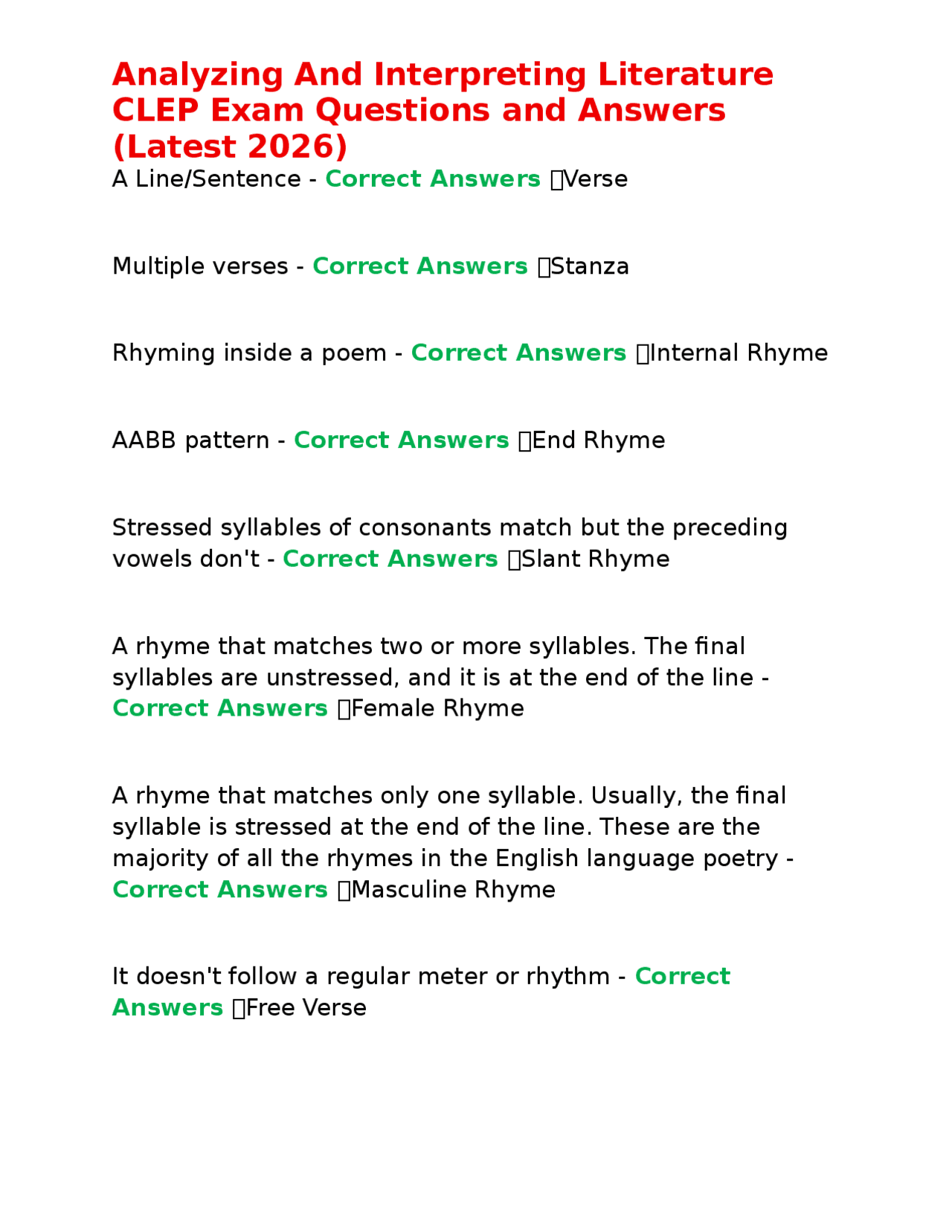 Analyzing And Interpreting Literature CLEP Exam Questions and Answers ...