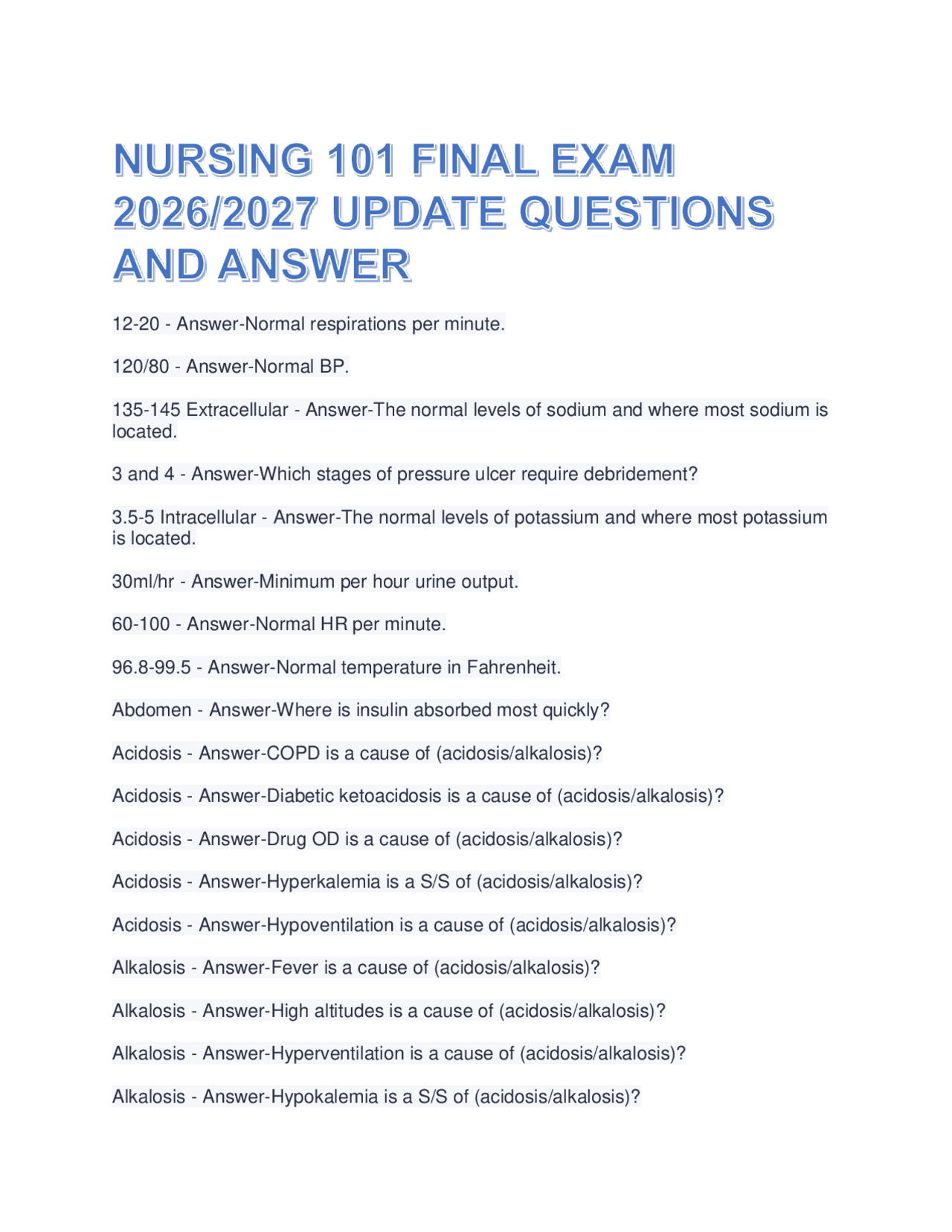 NURSING 101 FINAL EXAM 2026/2027 UPDATE QUESTIONS AND ANSWER | Exams ...