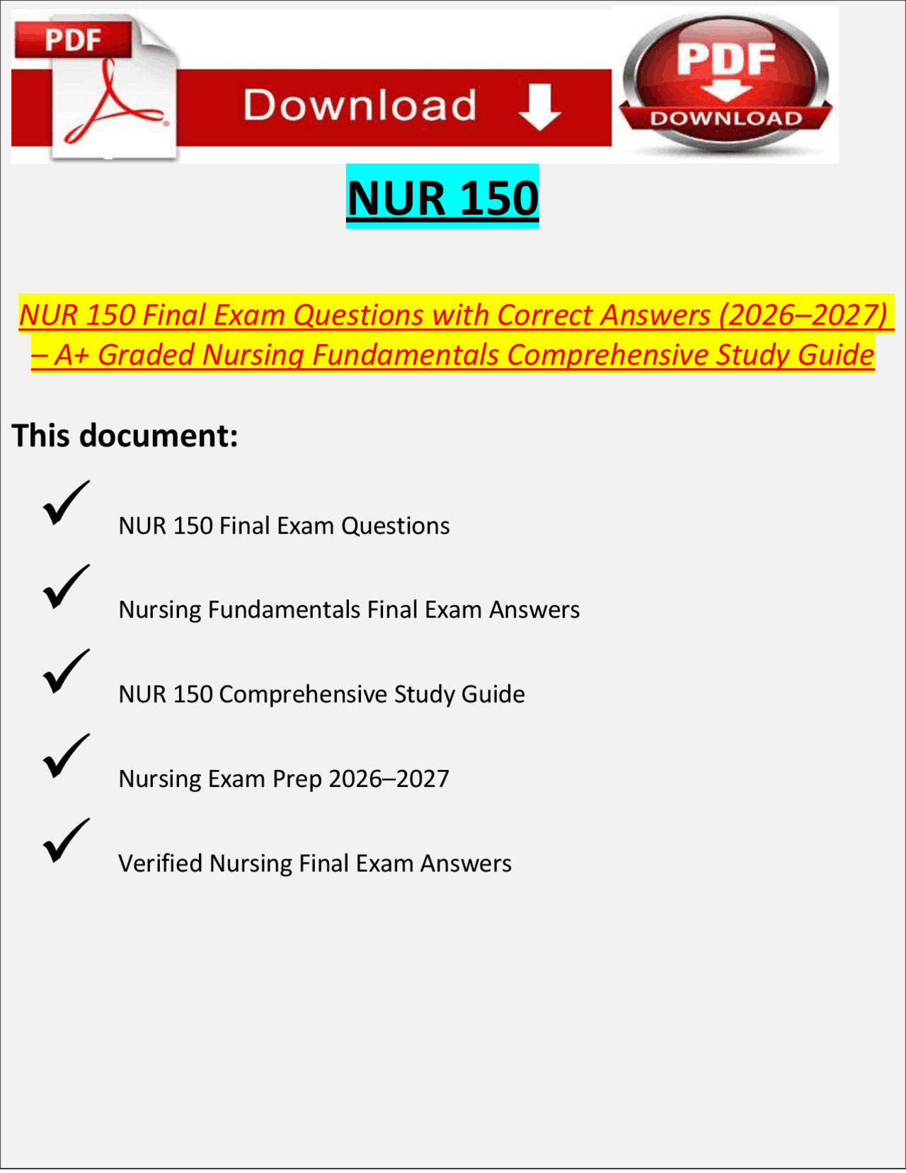 NUR 150 Final Exam Questions with Correct Answers 2026–2027 – A+ ...