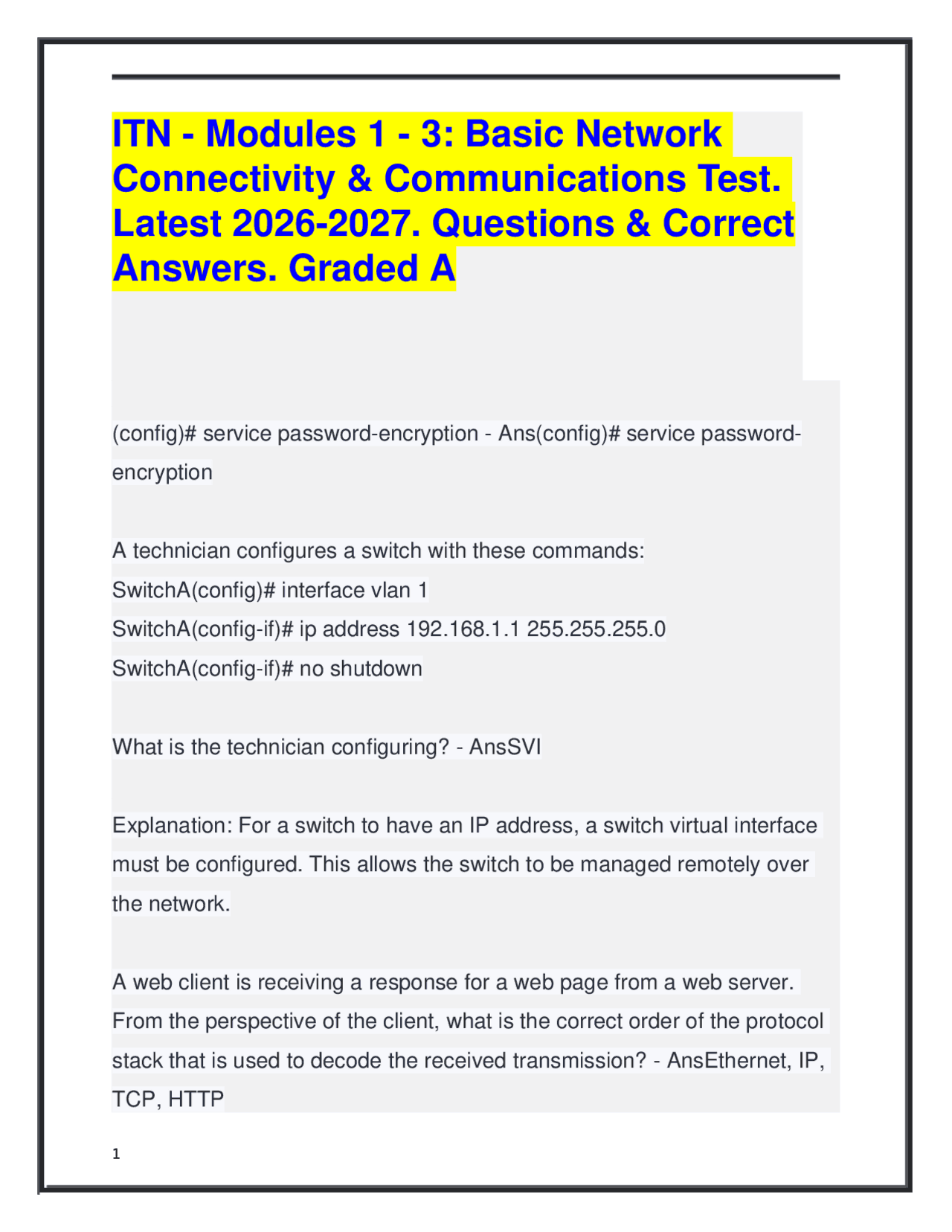 ITN - Modules 1 - 3: Basic Network Connectivity & Communications Test ...