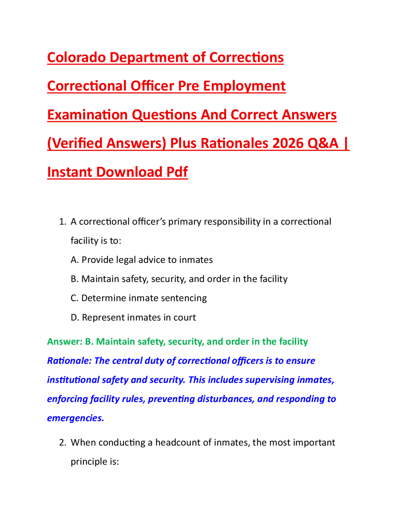 Colorado Department of Corrections Correctional Officer Pre Employment Examination Quest | Exams ...
