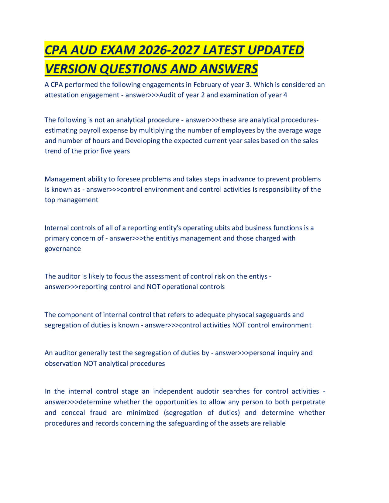 CPA AUD EXAM 2026-2027 LATEST UPDATED VERSION QUESTIONS AND ANSWERS ...