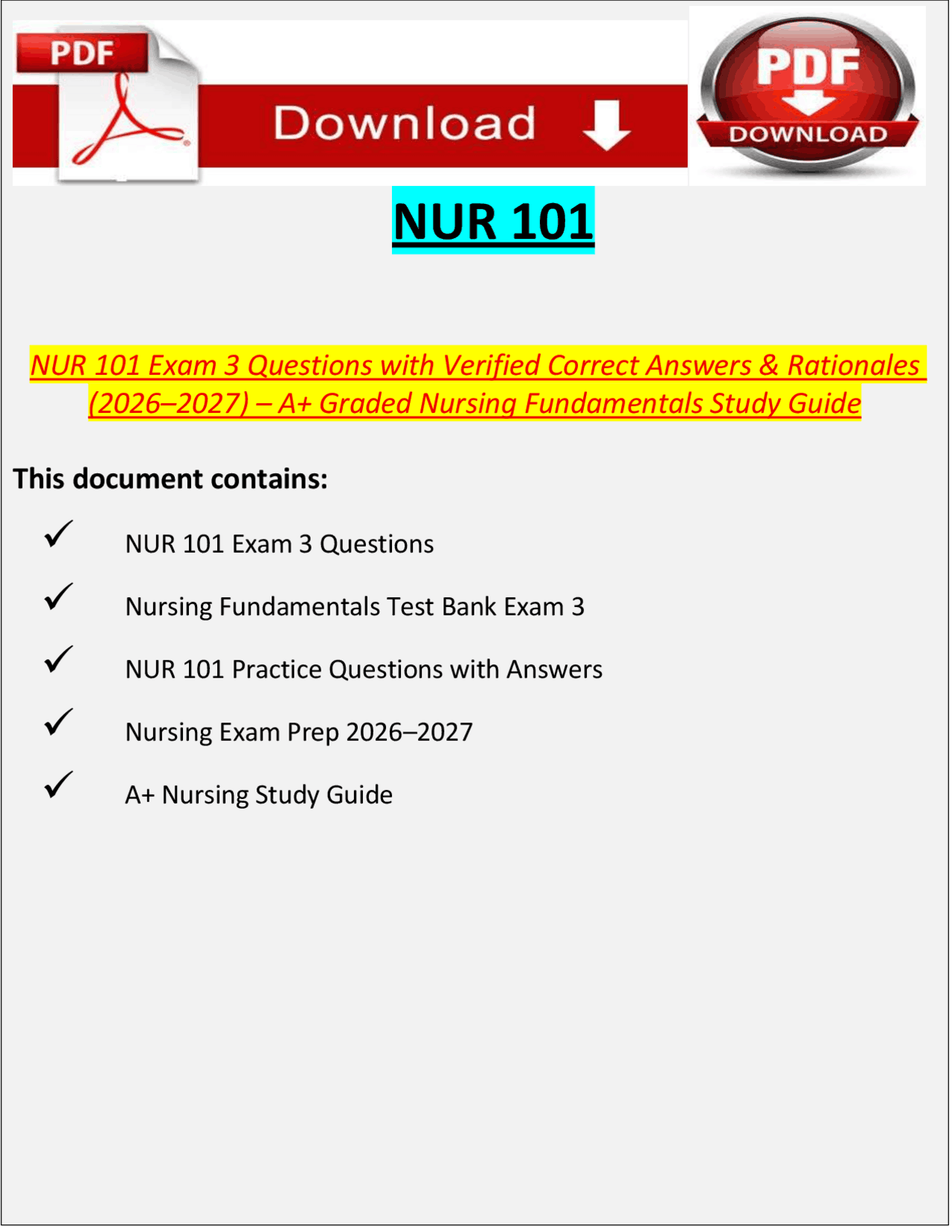 NUR 101 Exam 3 Questions with Verified Answers & Rationales – Nursing ...