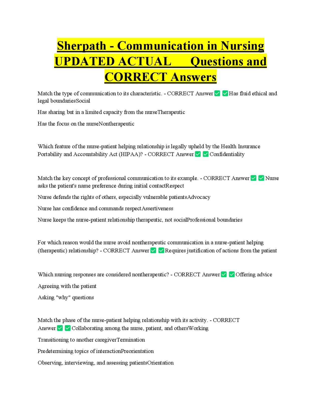 Sherpath - Communication in Nursing UPDATED ACTUAL Questions and ...