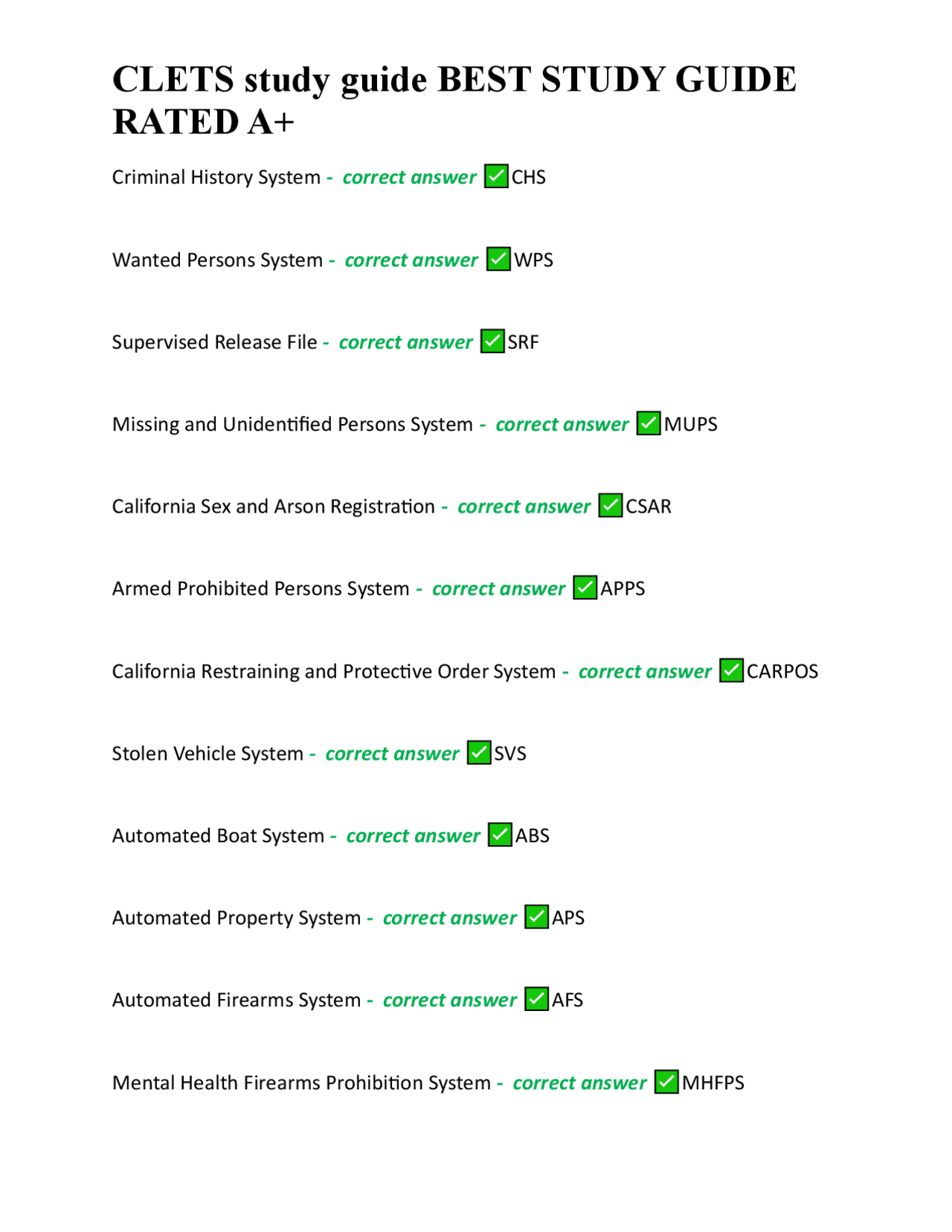 CLETS study guide BEST STUDY GUIDE RATED A+.pdf | Exams Nursing | Docsity