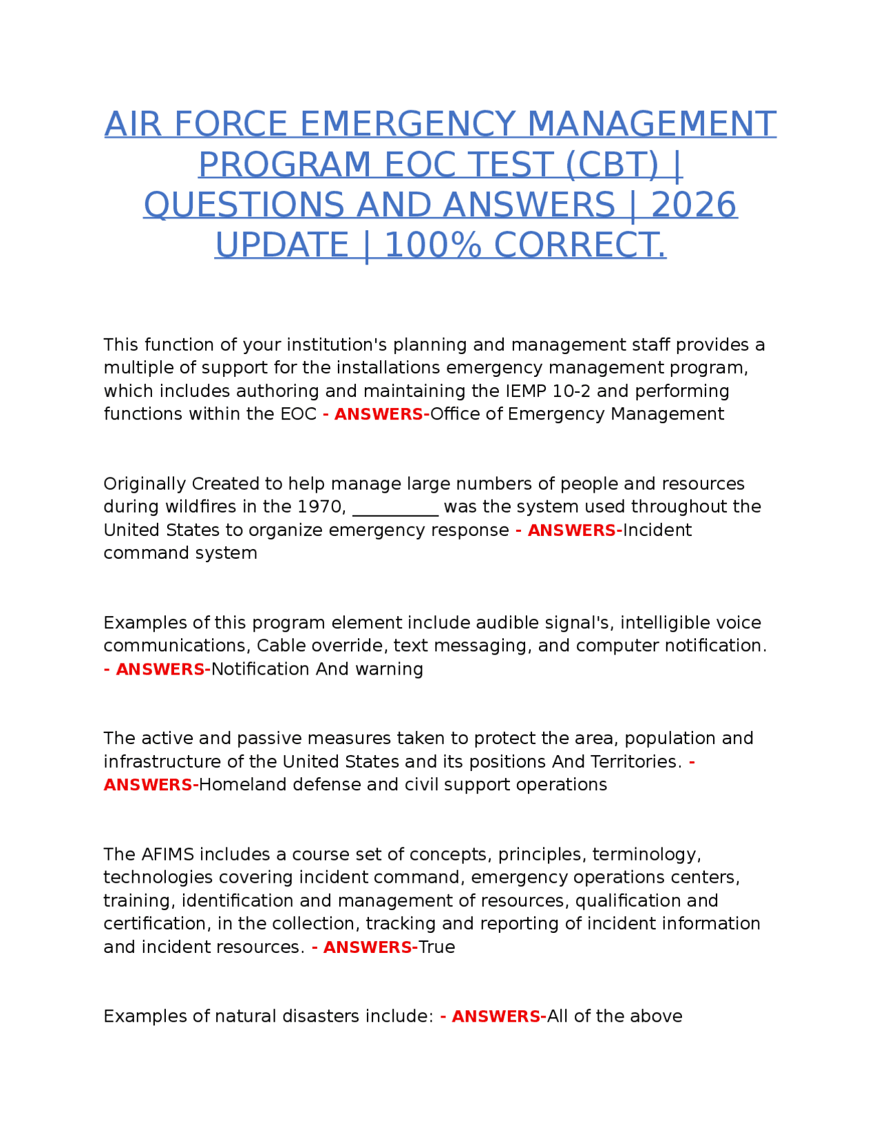 AIR FORCE EMERGENCY MANAGEMENT PROGRAM EOC TEST (CBT) 2026 | QUESTIONS ...