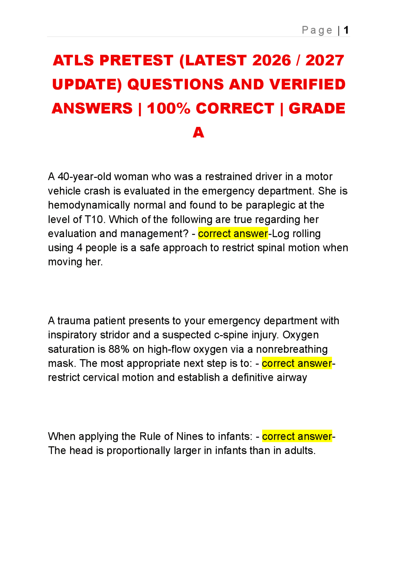 Atls Update ATLS PRETEST (LATEST 2026 / 2027 UPDATE) QUESTIONS AND VERIFIED ANSWERS ...