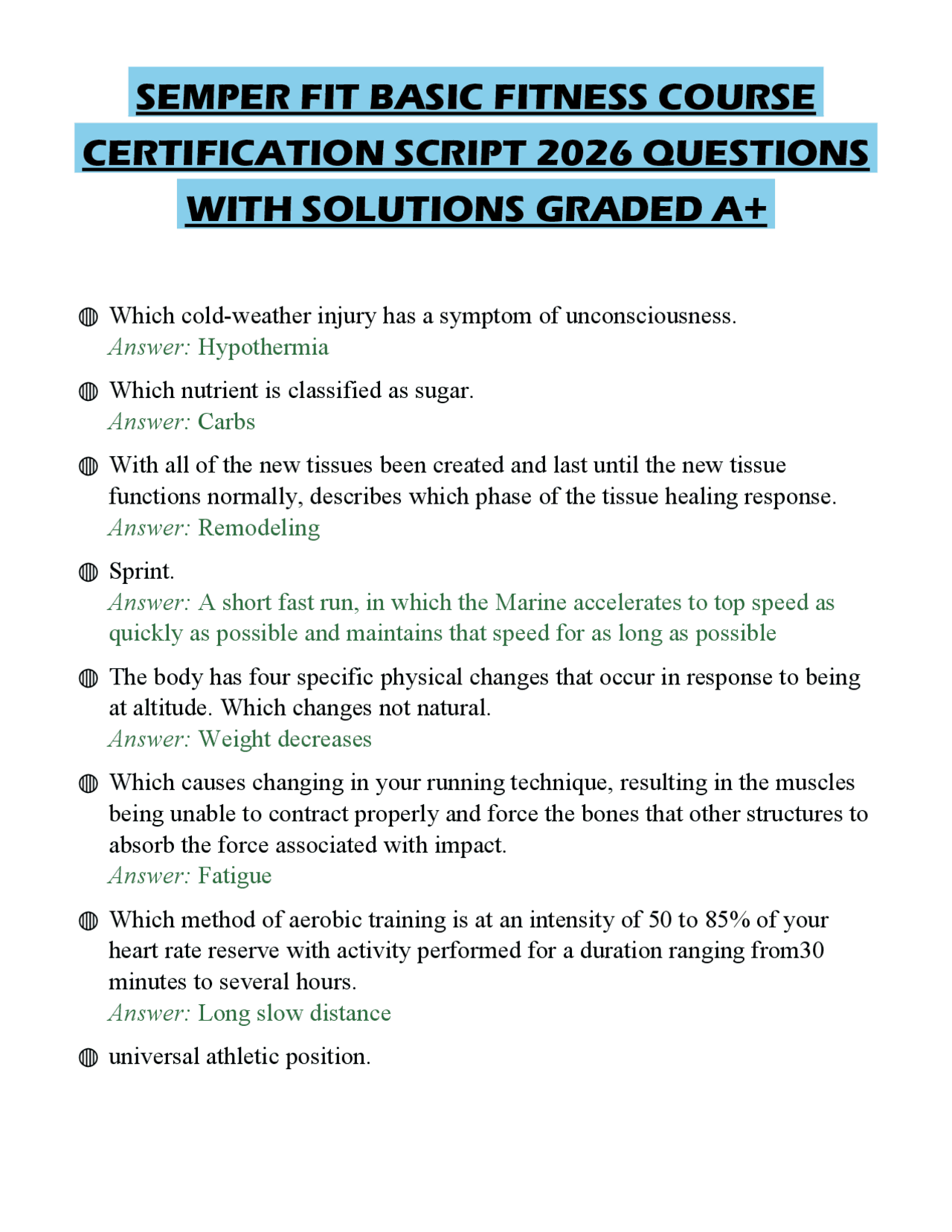 Training Course Scripts SEMPER FIT BASIC FITNESS COURSE CERTIFICATION SCRIPT 2026 QUESTIONS ...