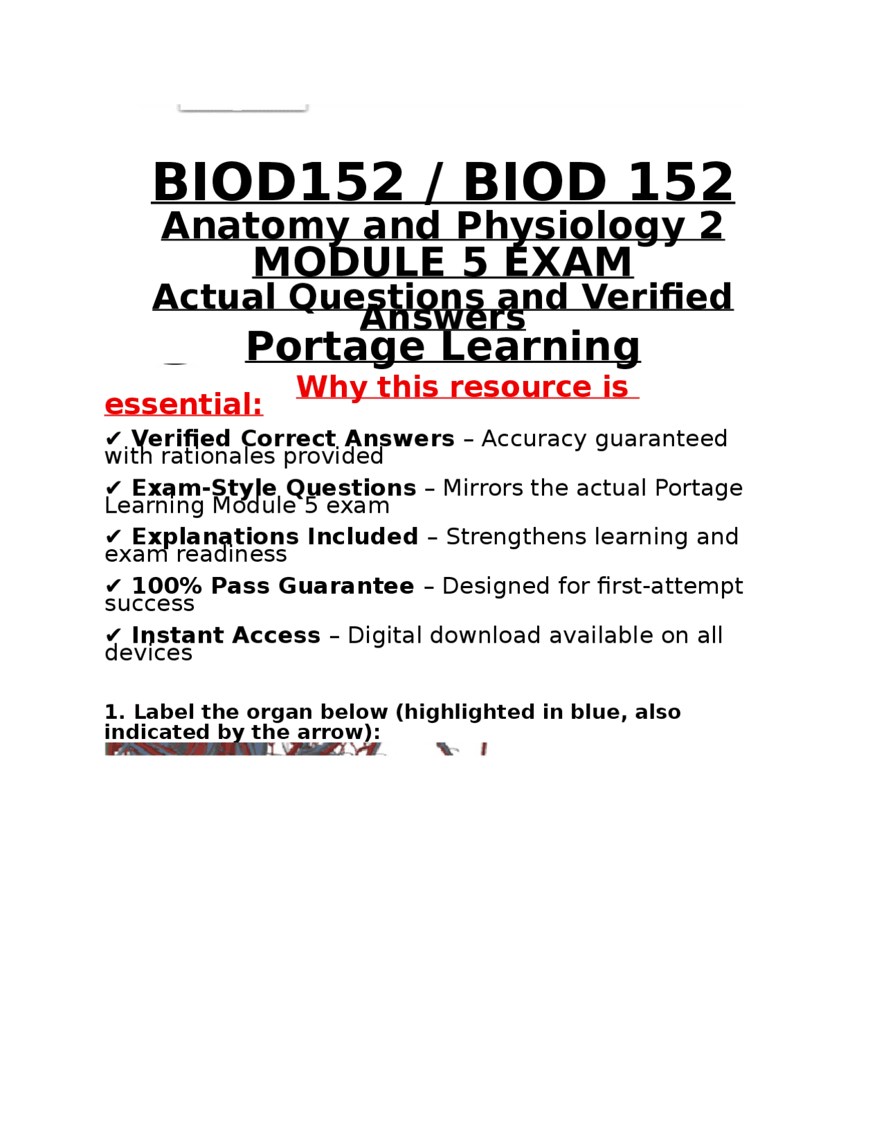 BIOD 152 Anatomy & Physiology 2 Module 5 Exam | Portage Learning (2026/ ...