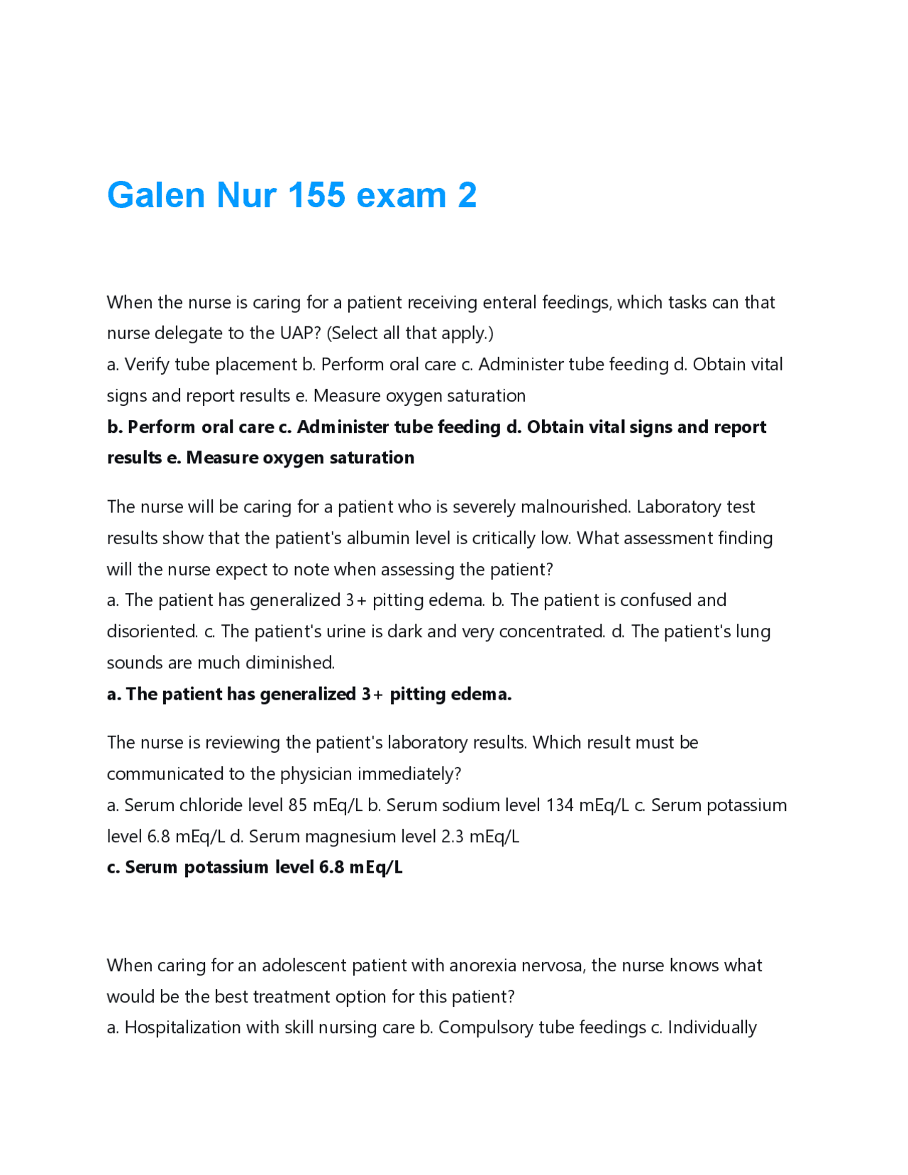 Galen Nur 155 exam 2 Questions And Answers | 2026 Updated Solutions ...