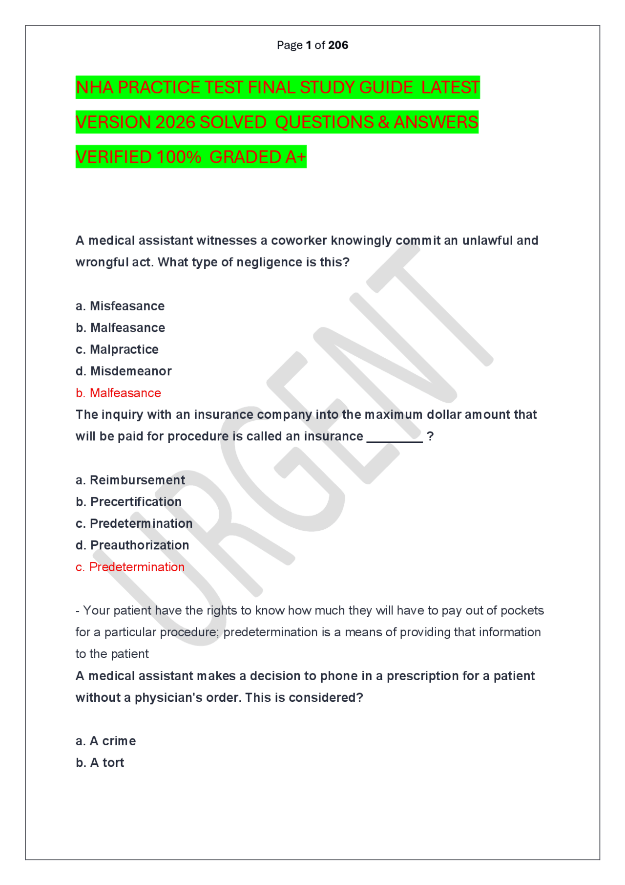 NHA PRACTICE TEST FINAL STUDY GUIDE LATEST VERSION 2026 SOLVED ...