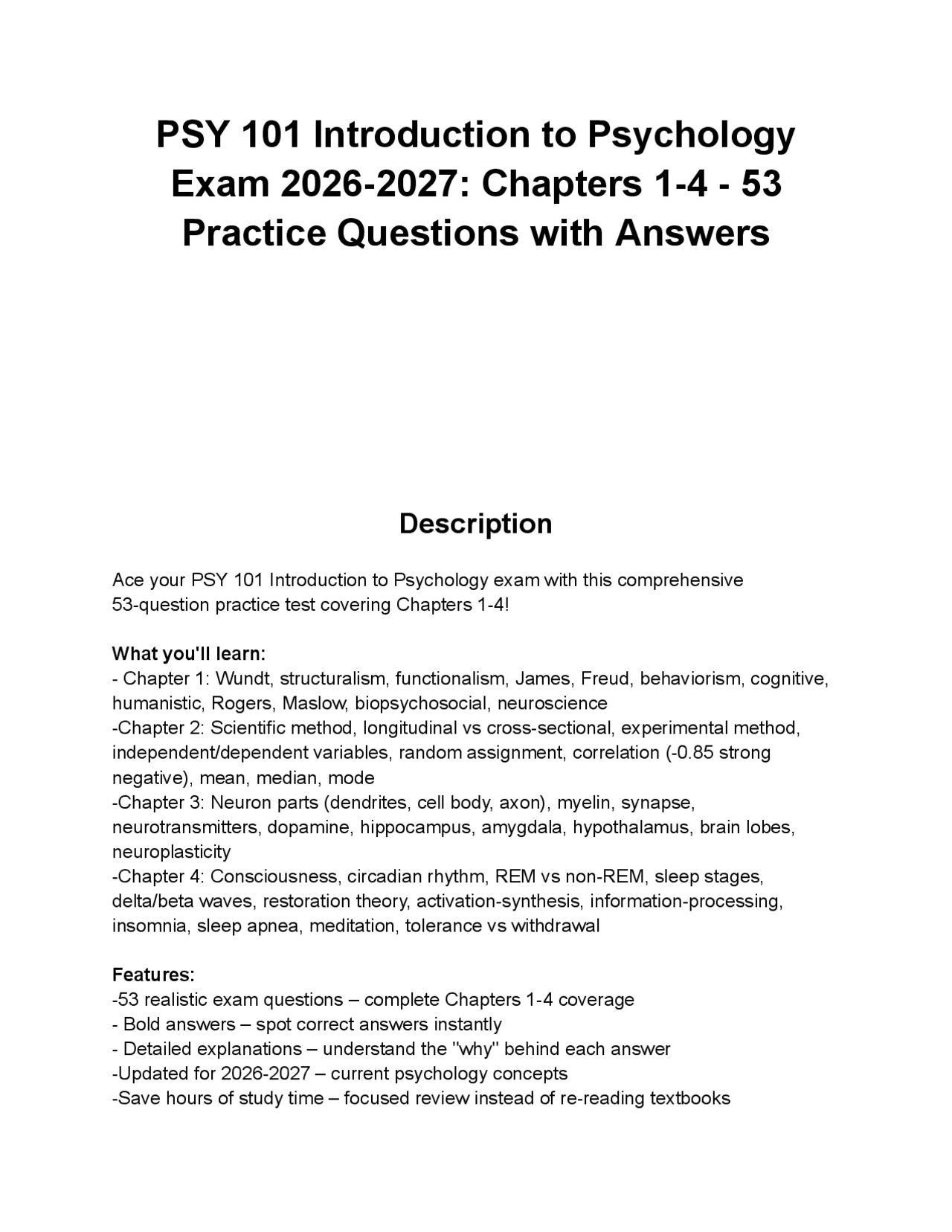PSY 101 Introduction to Psychology Exam 2026-2027: Chapters 1-4 | Exams ...