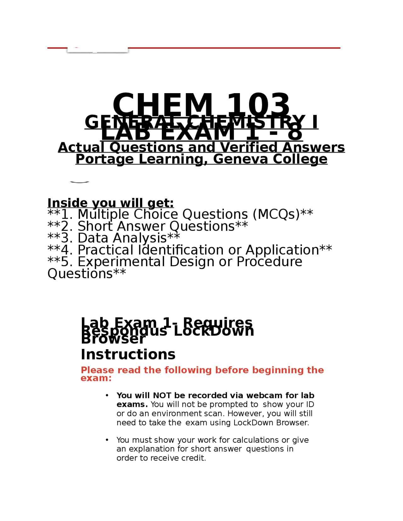 CHEM 103 Lab Exams 1–8 | General Chemistry I | Portage Learning (2026/ ...