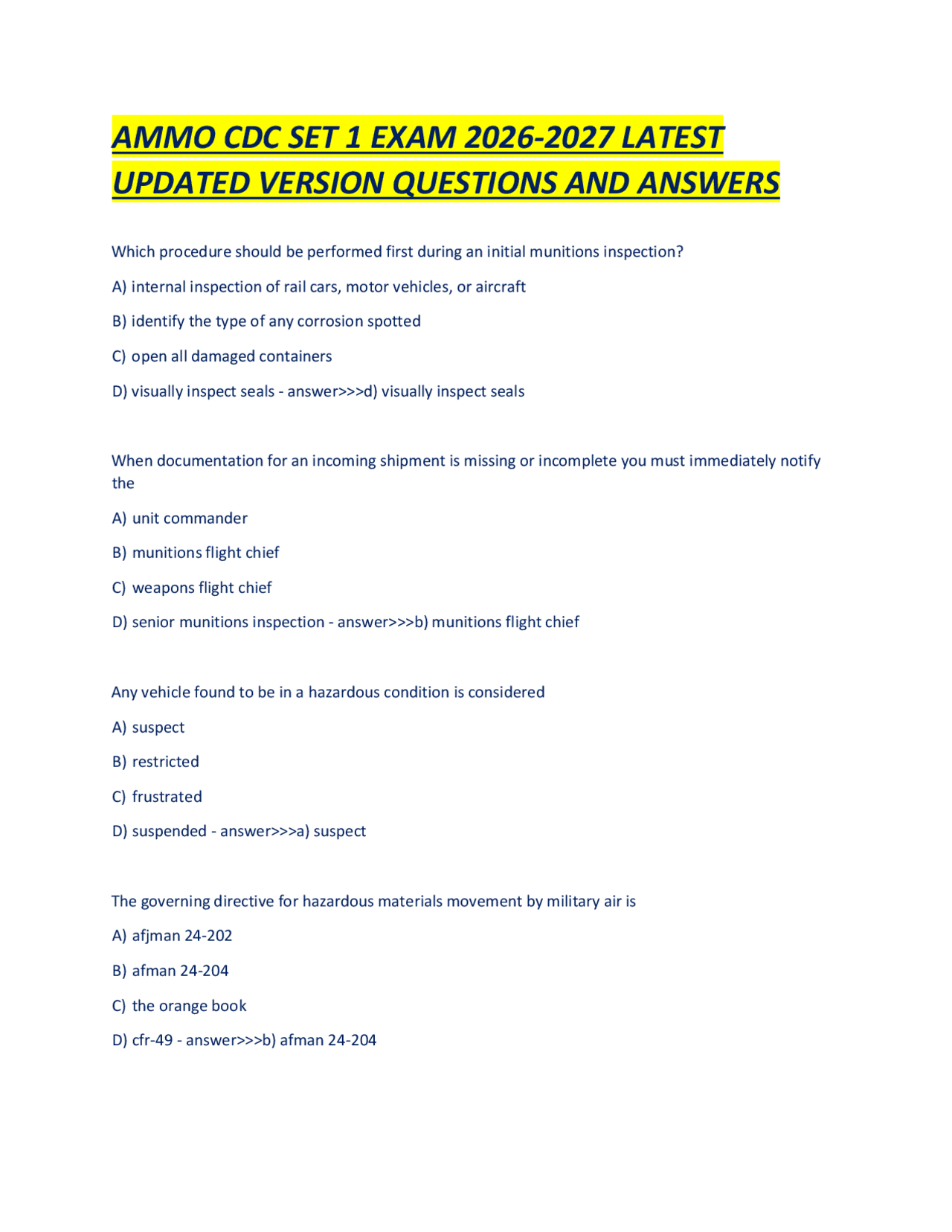 AMMO CDC SET 1 EXAM 2026-2027 LATEST UPDATED VERSION QUESTIONS AND ...