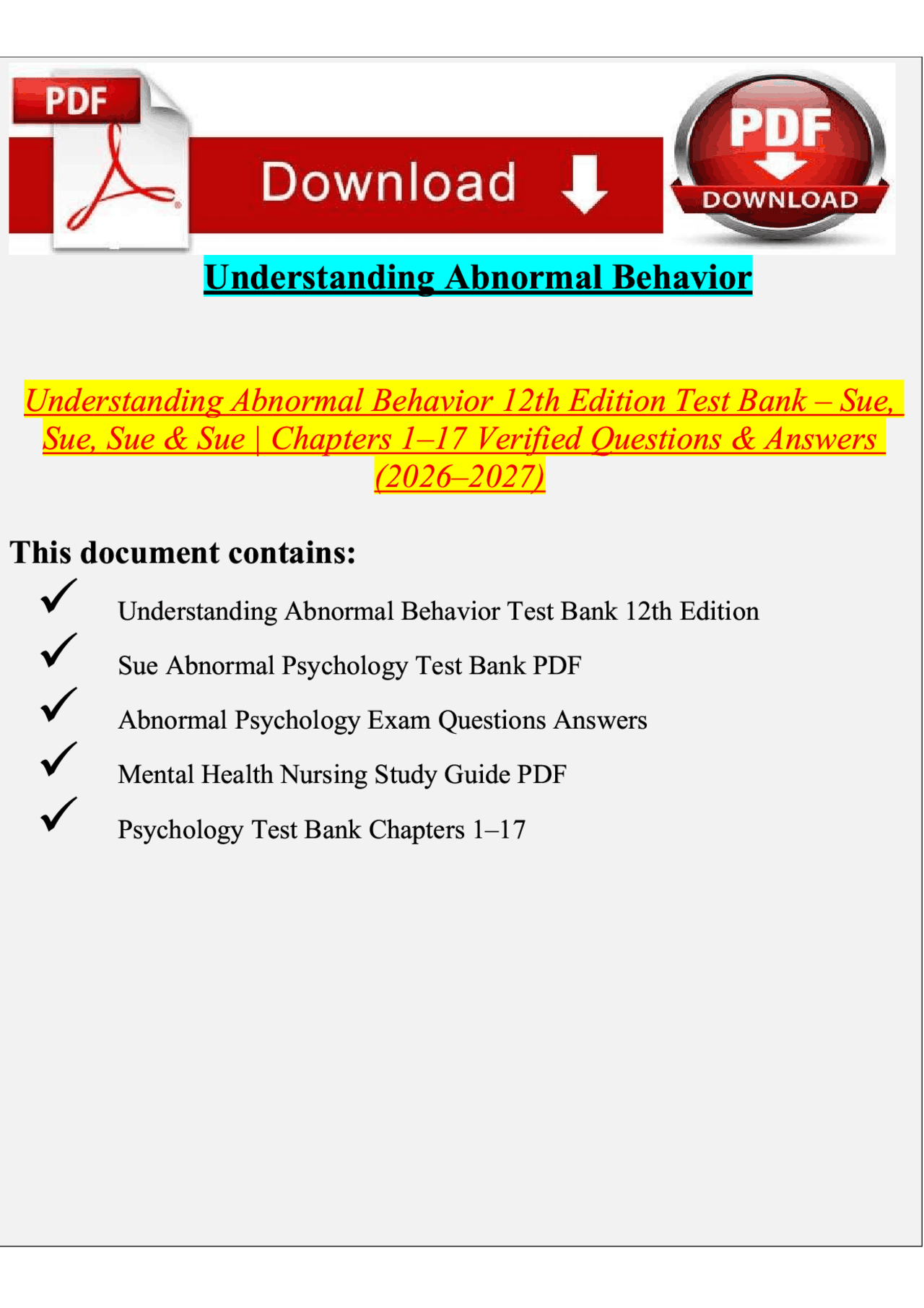 Understanding Abnormal Behavior 12th Edition Test Bank – Sue, Sue, Sue ...